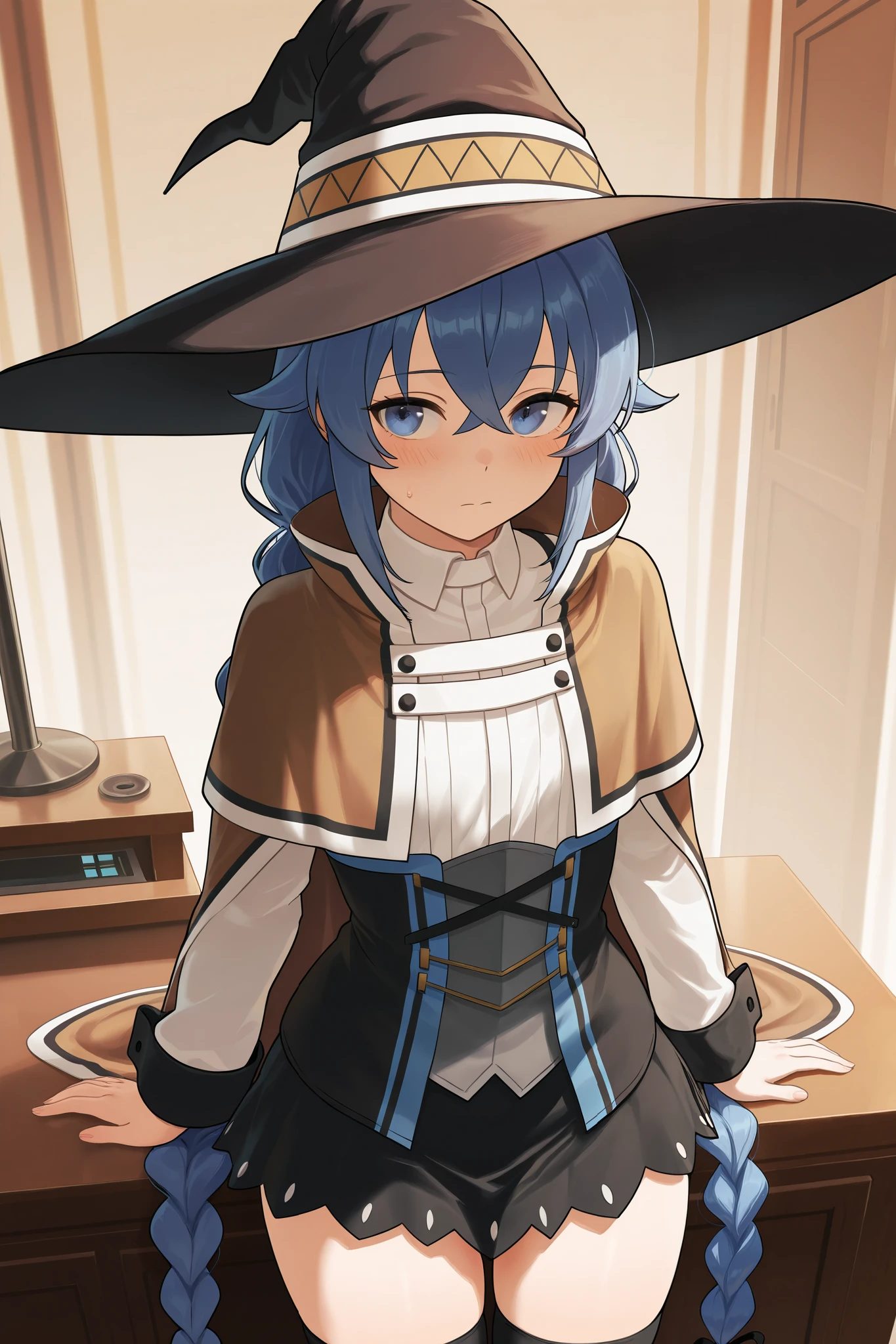 NSFW,masterpiece, best quality , high resolution, very detailed on trends, Roxy Migurdia、 Twin Blade, witch hat、Brown cape、 shirt、 Long Sleeve、 black skirt, Adventurers Guild, reception counter