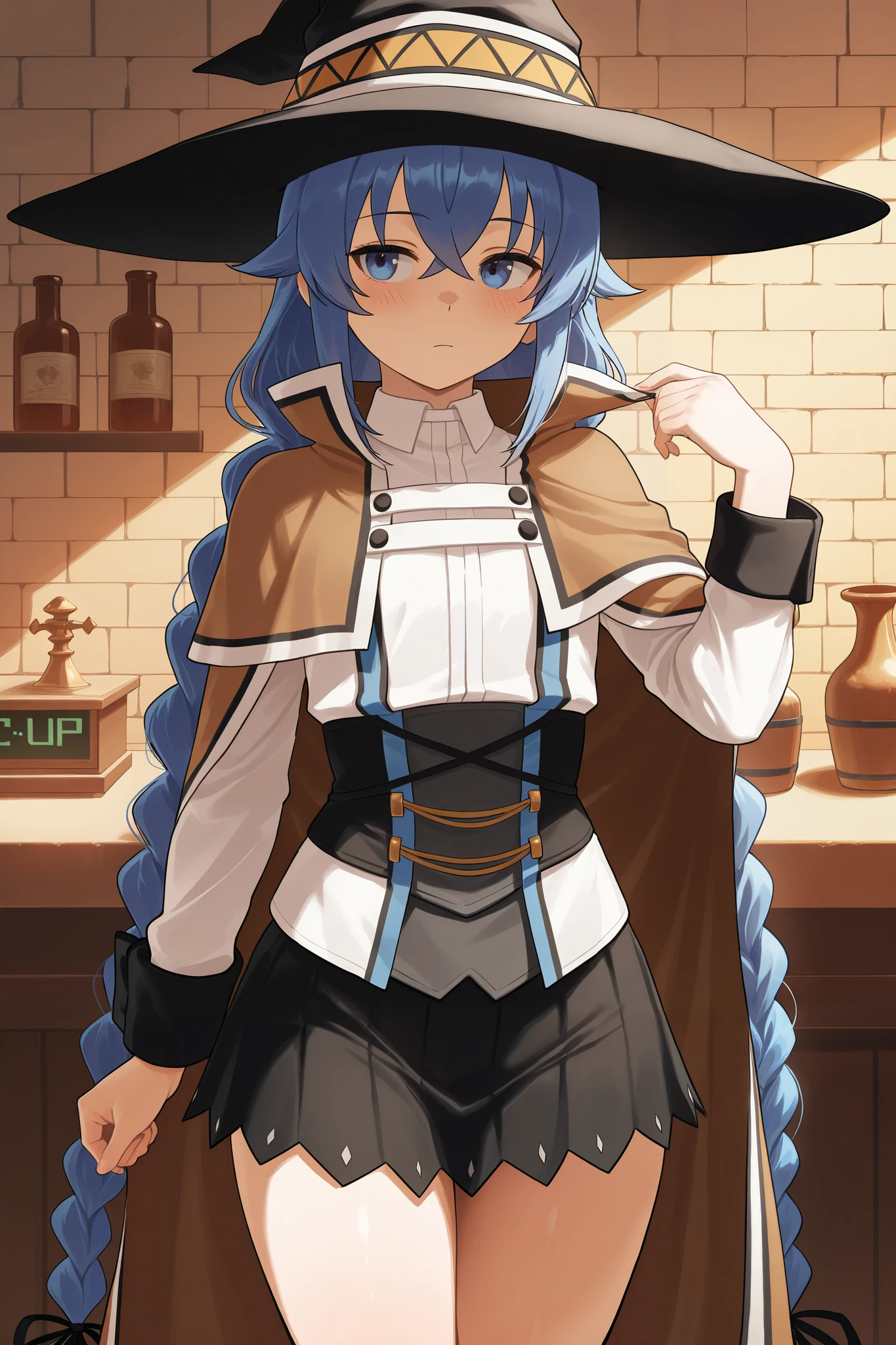 NSFW,masterpiece, best quality , high resolution, very detailed on trends, Roxy Migurdia、 Twin Blade, witch hat、Brown cape、 shirt、 Long Sleeve、 black skirt, Adventurers Guild, reception counter