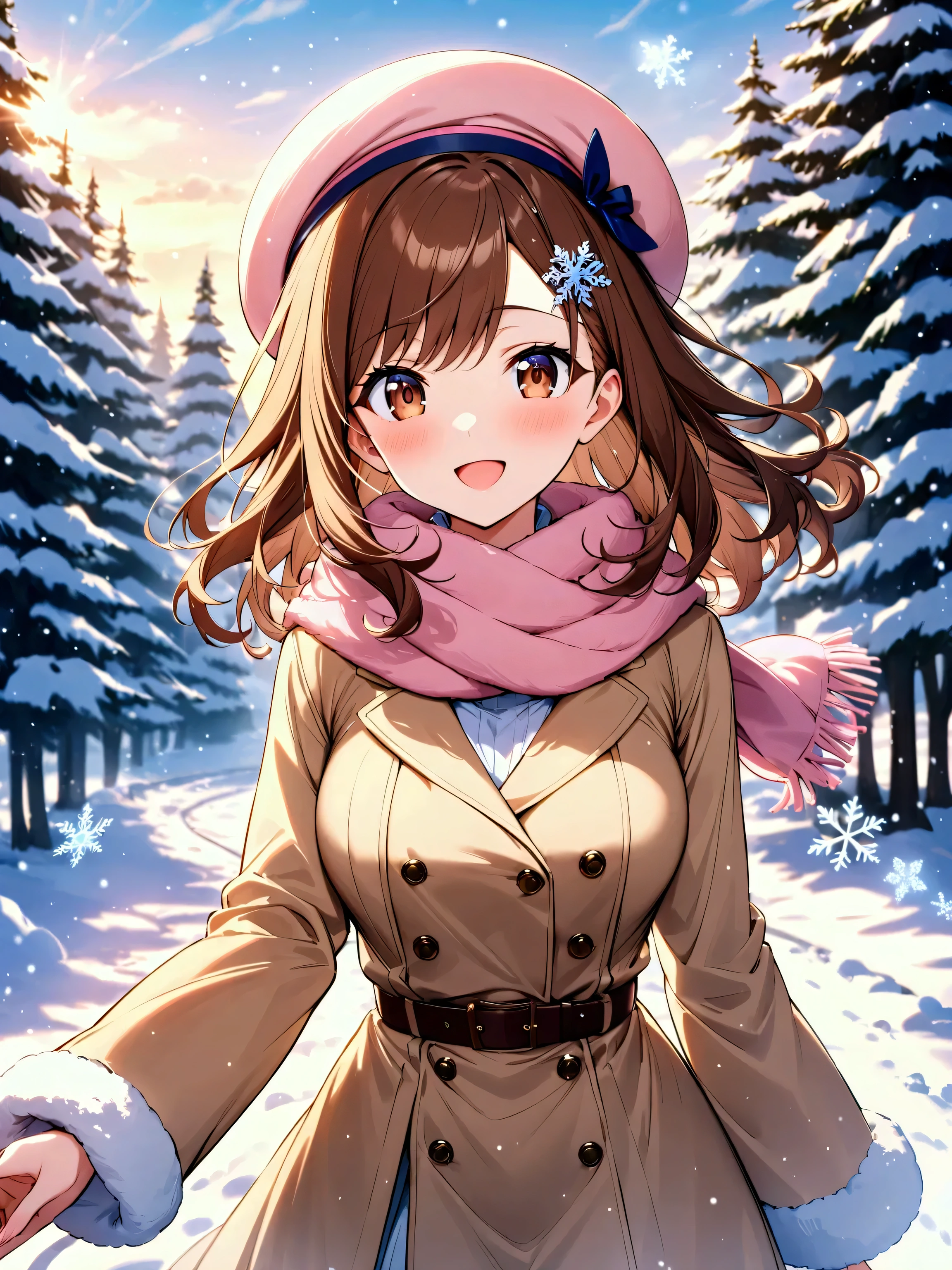 Woman with dark brown hair.Hazel eyes.She wears a winter dress.Playing in the snow