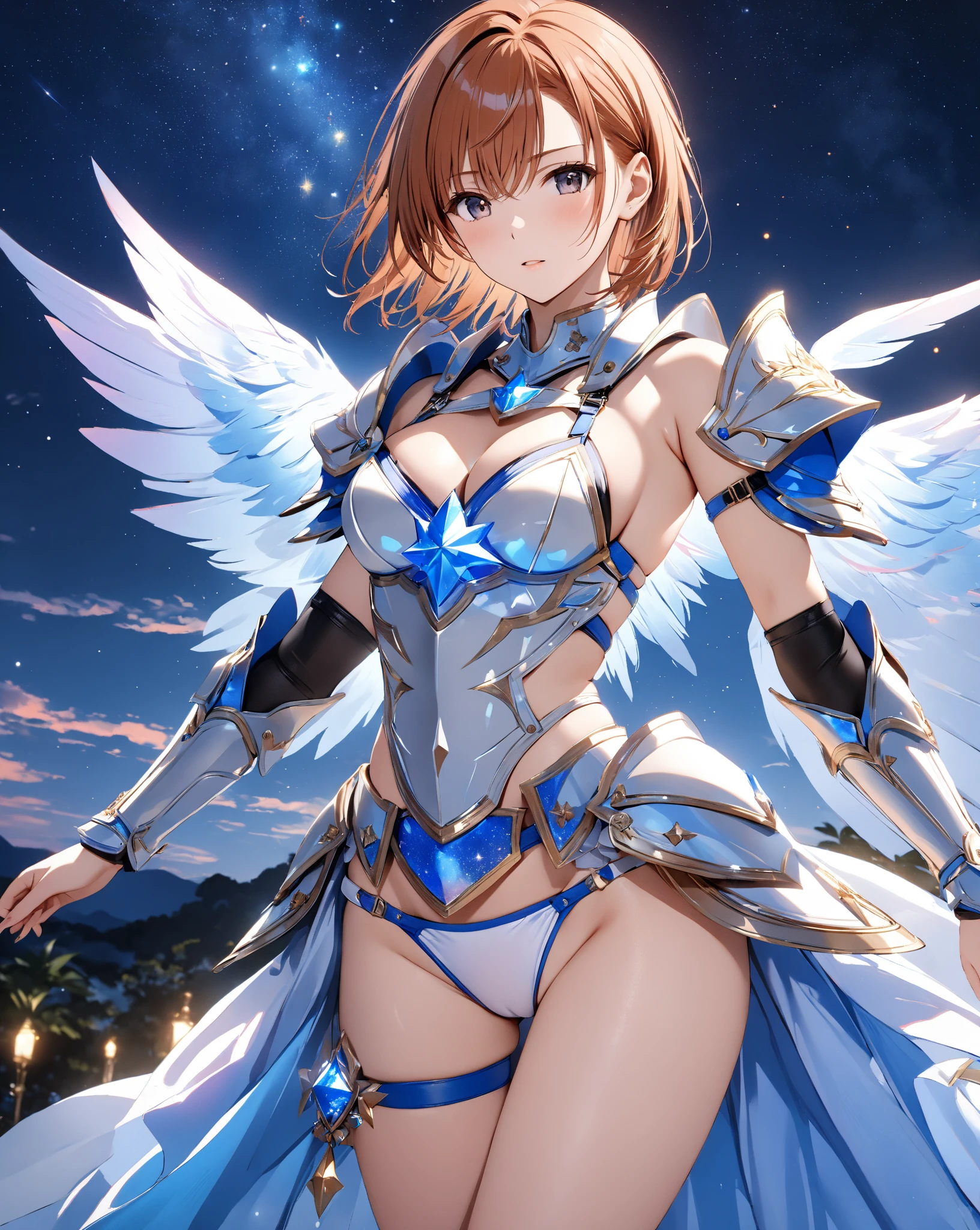 ((highest quality)),(ultra high resolution),(Super detailed),(detailed description),((best CG)),(best work of art),super precision art,amazing drawing art,(Art with precise details:1.5), (Woman in shiny bikini armor:1.7),(Intricately detailed reliefs:1.3),(Shiny light red hair:1.5),Bare hands:1.6,action pose:1.5,dynamic action:1.3, Constellations shining in the night sky:1.3,milky way:1.2, Decaying temples:1.7