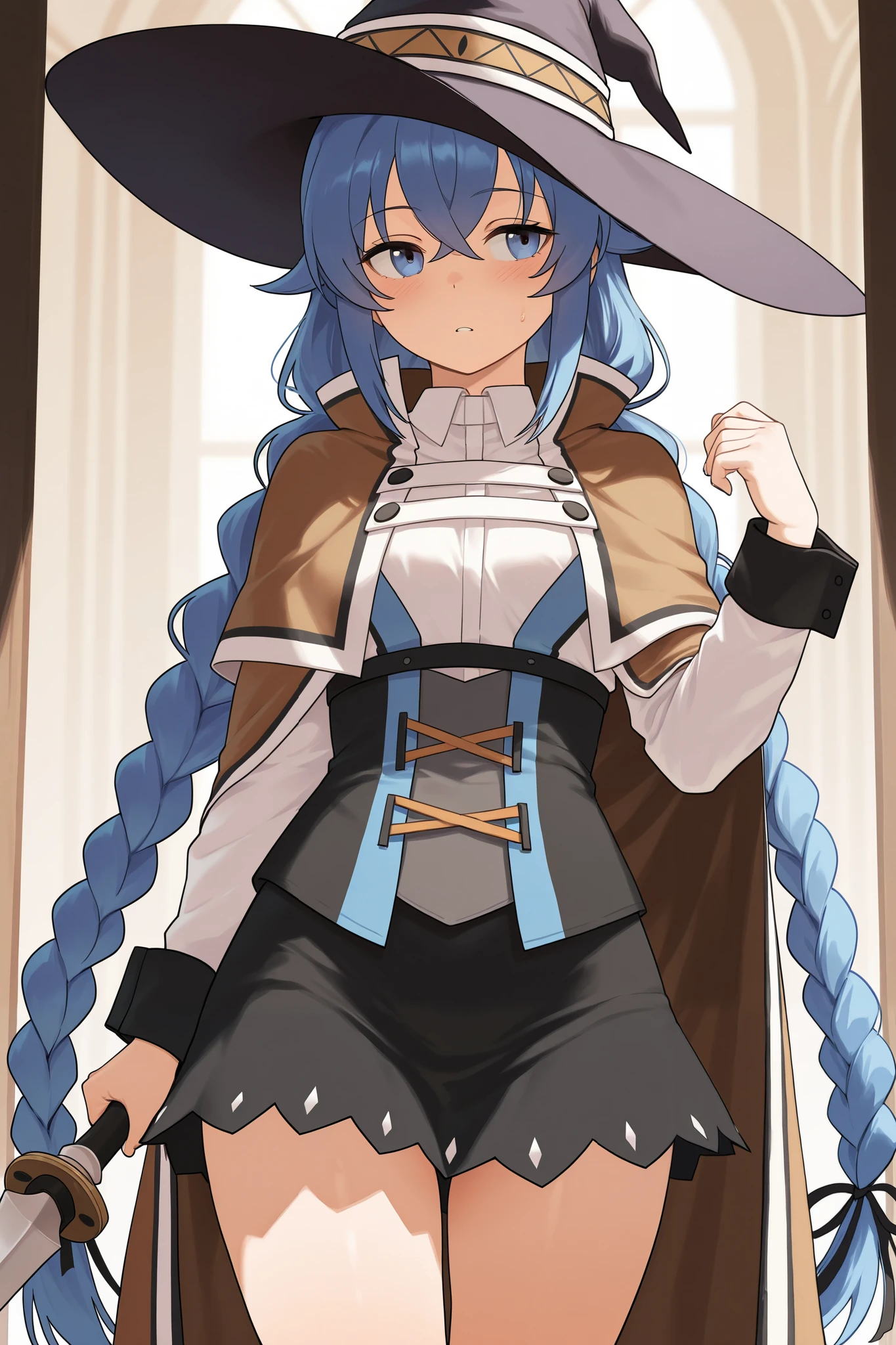 NSFW,masterpiece, best quality , high resolution, very detailed on trends, Roxy Migurdia、 Twin Blade, witch hat、Brown cape、 shirt、 Long Sleeve、 black skirt, Adventurers Guild,reception