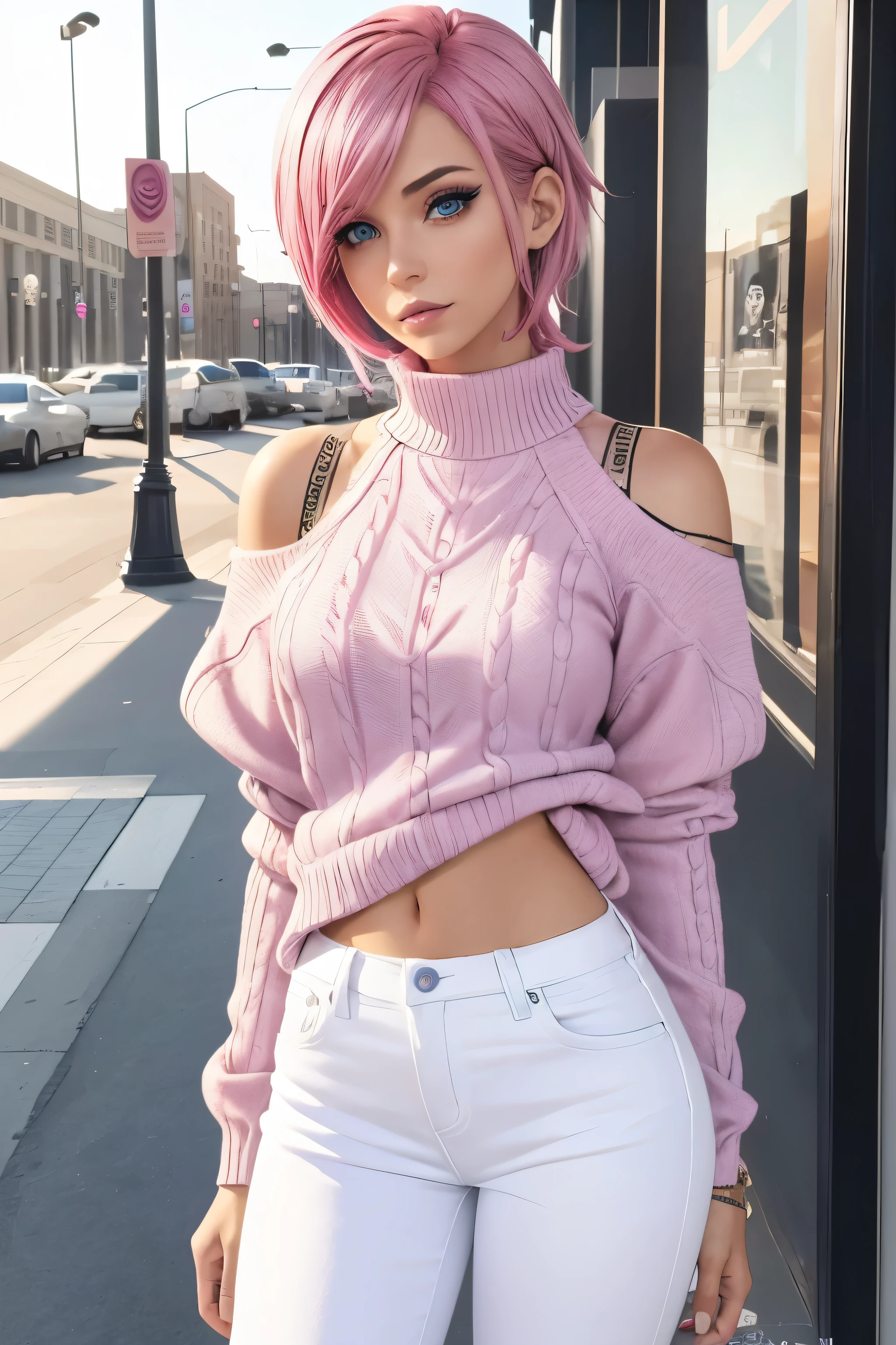 pretty girl, beautiful, baby face, 20 years old, White skin, cleveage, sleeveless, Side pose, Clothing straps, Cropped turtleneck top, mini shirt, blue eyes, Bokeh, Modern local background, masterpiece, full-body shot, Pink straight hair, Pastel blue color, Britney Spears,blond, Huge breasts