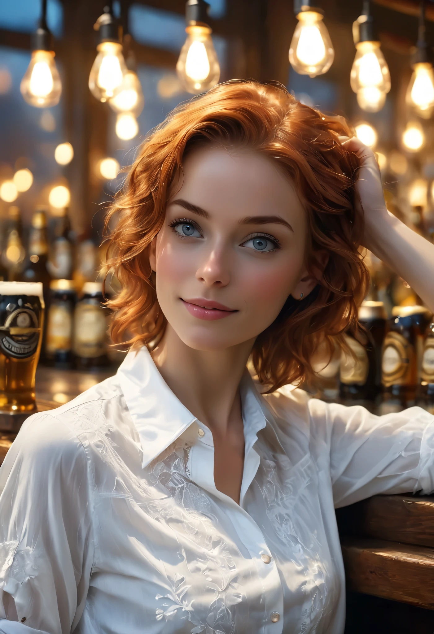 (Realistic:1.4), (masterpiece), woman, alone, sensual pose, lying against the wall, sensual smile, short ginger hair, straight hair, beer, perfect belly, cinematic lighting, detailed background of night, (beautiful and delicate rendering of eyes), highly detailed, high resolution, super detailed wet clothing, (wearing: white unbuttoned shirt, white panties, white socks)