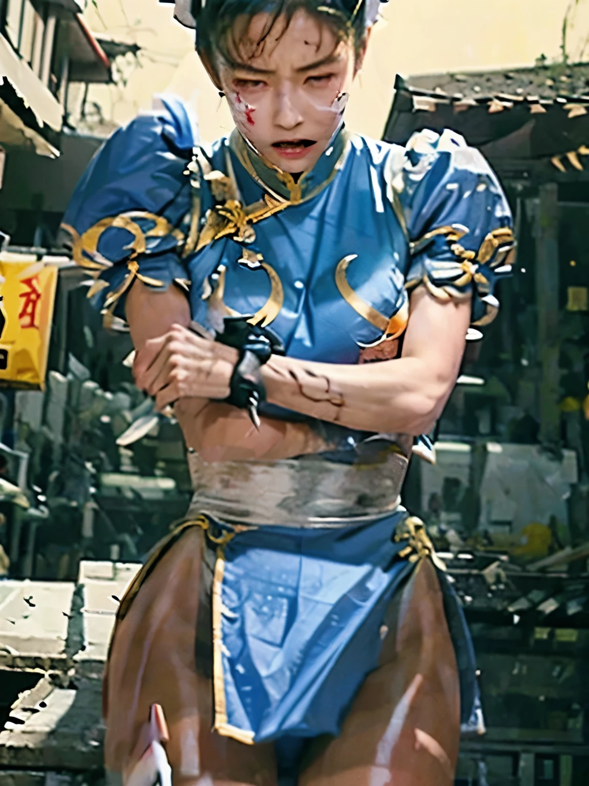 There is a woman in a blue costume standing in a street - SeaArt AI