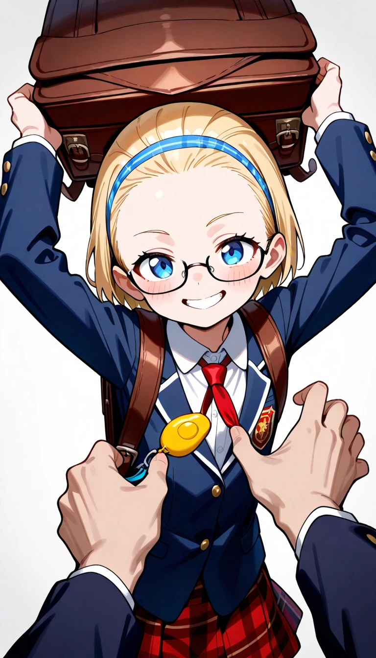((amazing quality)),(((very aesthetic))),ai-generated,serious,beautiful detailed eyes,(4K),((8K)),(Masterpiece: 1.1), (Best quality: 1.1), (Latest: 1.1), (Absurdity: 1.1), (High resolution: 1.1),
general,1 girl, solo,
(forehead),blonde hair,short hair,hair slicked back,(blue eyes),black nodoka glasses,bulack headband,flat chested,12yo,
Daytime, outdoors, on the school route,cowboyshot,BREAK,
((dark blue blazer, tartan check skirt)),white blouse,
evil grin,schoolchild's backpack,(((holding pull Crime Prevention Buzzer Threat))),(Cute pose),