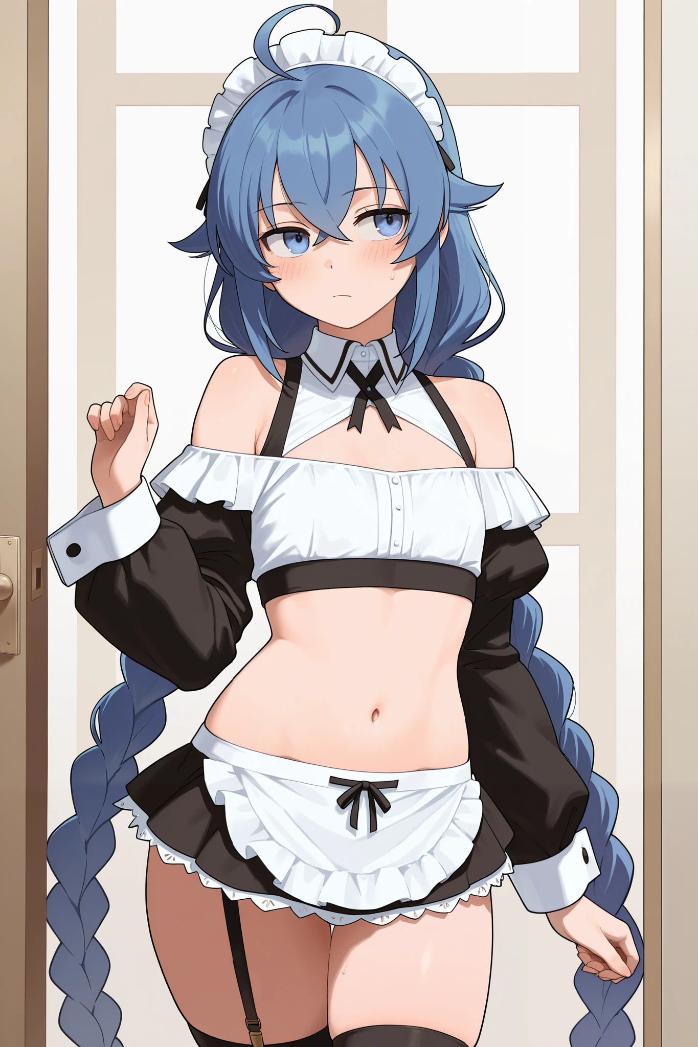 NSFW,masterpiece, best quality , high resolution, very detailed on trends, Roxy Migurdia、 Twin Blade, maid clothes, off shoulder, Crop Top , detachable sleeve , micro mini skirt