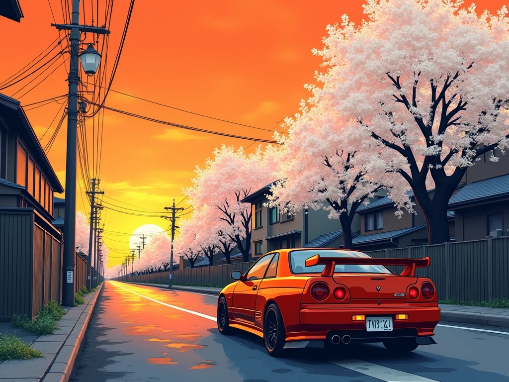skyline 2000 gtr, parked in a japanese street during an orange sunset. Background colours should include orange and white, also put a lot of white cherry blossoms in the background, golden ratio, fake detail, trending pixiv fanbox, acrylic palette knife, style of makoto shinkai studio ghibli genshin impact james gilleard greg rutkowski chiho aoshima