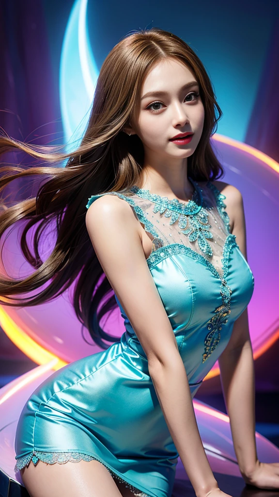 Ultra realistic, Cinematic, portrait of Arabic beautiful 22 years old woman, big smile, petite body, full body,pale skin, beautiful face, detailed face, hip is cocked and wide, long sleeves glittery mermaid dress, dancing, dancing stage, stage lights, ((looking at viewer:1.4)),((face towards me))