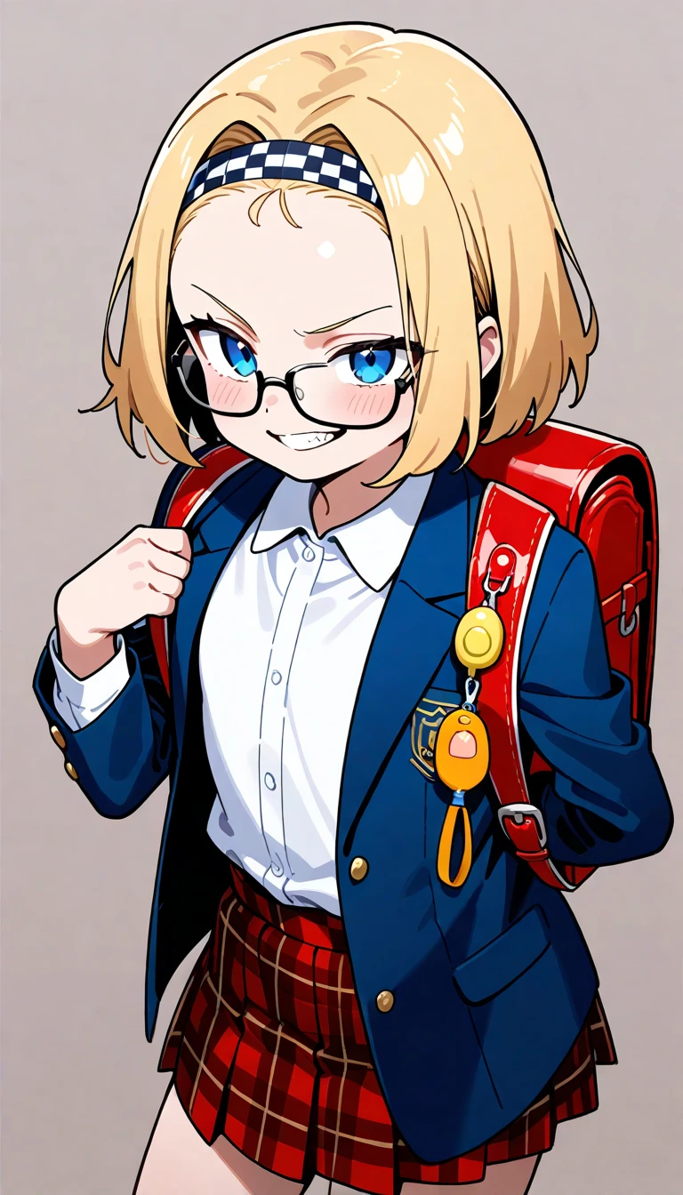 ((amazing quality)),(((very aesthetic))),ai-generated,serious,beautiful detailed eyes,(4K),((8K)),(Masterpiece: 1.1), (Best quality: 1.1), (Latest: 1.1), (Absurdity: 1.1), (High resolution: 1.1),
general,1 girl, solo,
(forehead),blonde hair,short hair,hair slicked back,(blue eyes),black nodoka glasses,bulack headband,flat chested,12yo,
Daytime, outdoors, on the school route,cowboyshot,BREAK,
((dark blue blazer, tartan check skirt)),white blouse,
evil grin,schoolchild's backpack,(((holding pull Crime Prevention Buzzer Threat))),(Cute pose),