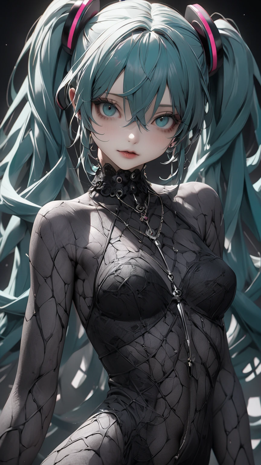 Iridescent arm parts, rainbow colors, prisms,Low - Angle、 Emerald green eyes、Part of the clothing is see-through、Cinematic angles、optical fiber、Connected Cord、Illuminated parts See-through parts、Cyberpunk cityscape, young woman with long black hair wearing an emerald green powered exosuit, standing in a contemplative pose amidst the neon-lit ruins, textured digital art with muted tones and subtle ambient noise, detailed and intricate illustration, dystopian and gritty yet beautiful, a glimmer of hope in the decay,Fish Girl in Sci-fi translucent mechanical bikini ++,The bikini is see-through and sparkly