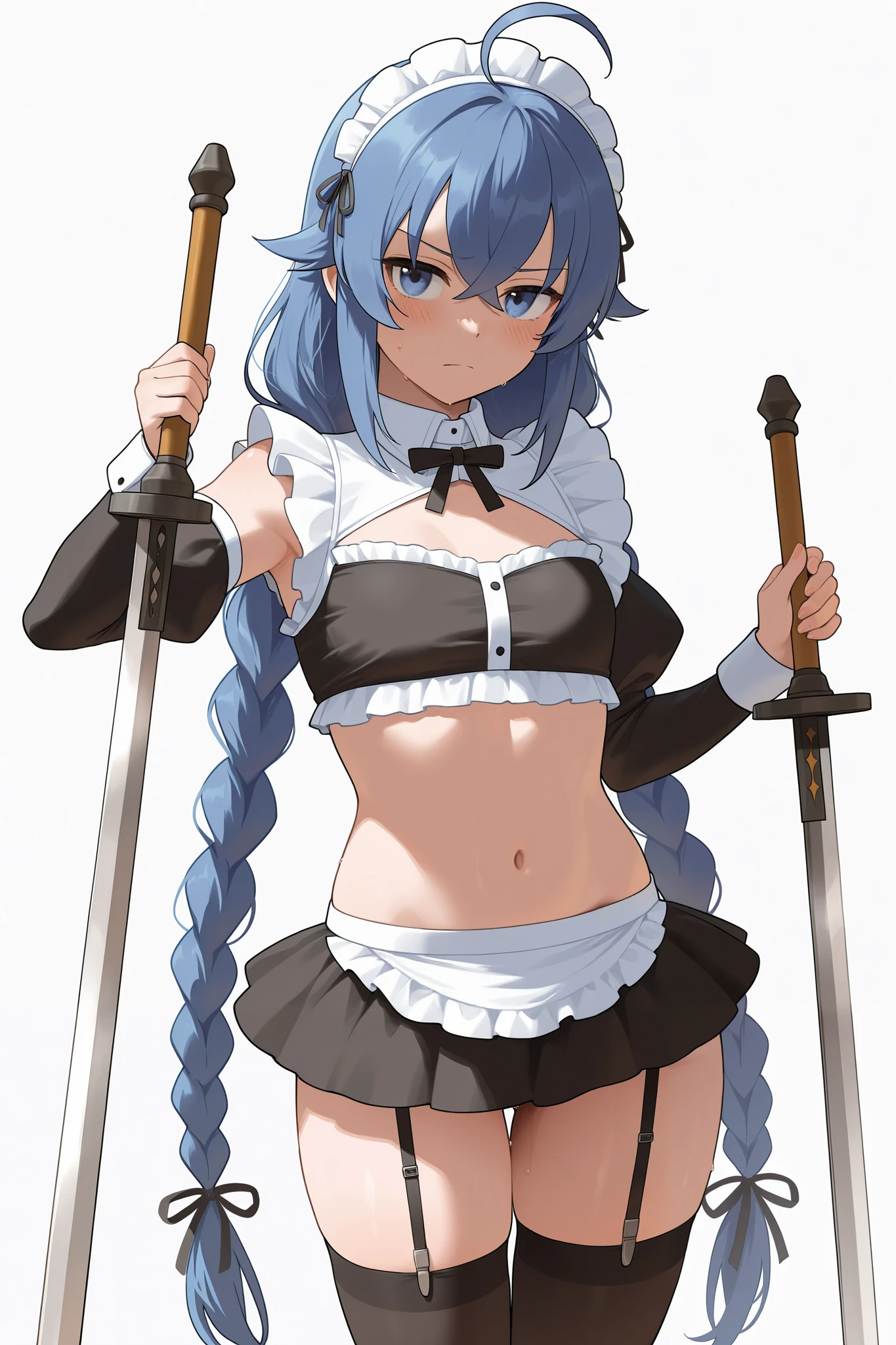 NSFW,masterpiece, best quality , high resolution, very detailed on trends, Roxy Migurdia、 Twin Blade, maid clothes, Crop Top , detachable sleeve , micro mini skirt