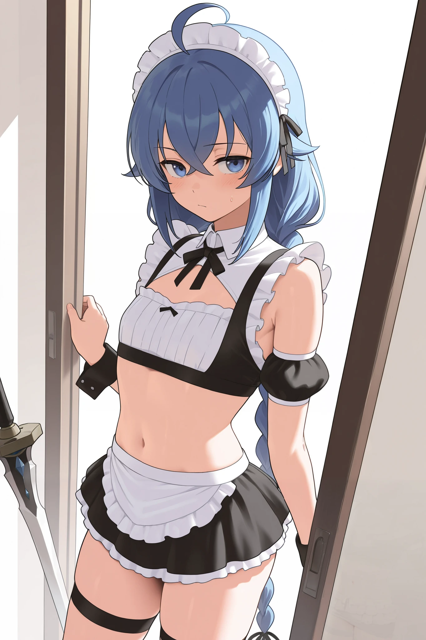 NSFW,masterpiece, best quality , high resolution, very detailed on trends, Roxy Migurdia、 Twin Blade, maid clothes, Crop Top , detachable sleeve , micro mini skirt