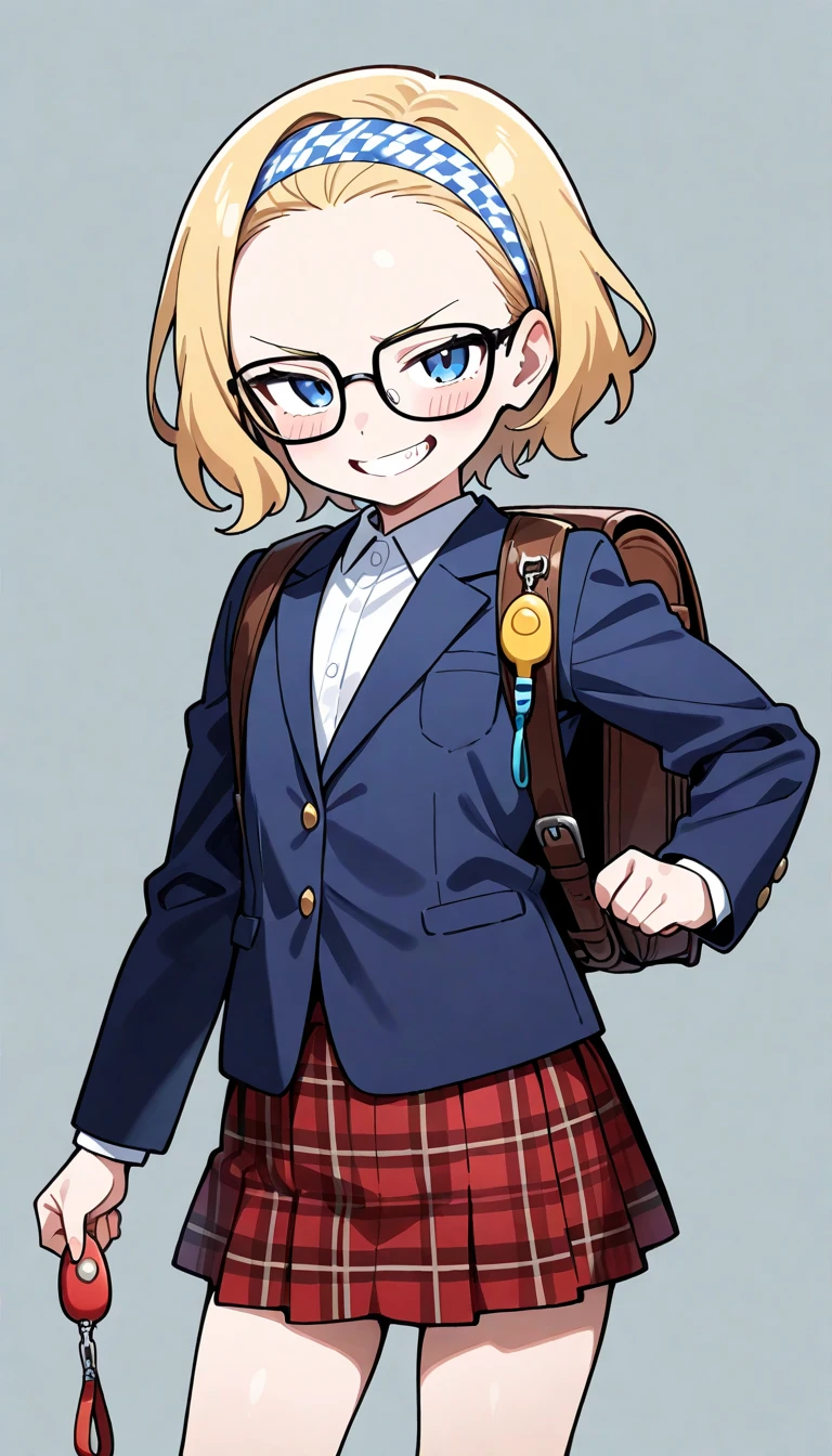 ((amazing quality)),(((very aesthetic))),ai-generated,serious,beautiful detailed eyes,(4K),((8K)),(Masterpiece: 1.1), (Best quality: 1.1), (Latest: 1.1), (Absurdity: 1.1), (High resolution: 1.1),
general,1 girl, solo,
(forehead),blonde hair,short hair,hair slicked back,(blue eyes),black nodoka glasses,bulack headband,flat chested,12yo,
Daytime, outdoors, on the school route,cowboyshot,BREAK,
((dark blue blazer, tartan check skirt)),white blouse,
evil grin,schoolchild's backpack,(((holding pull Crime Prevention Buzzer Threat))),(Cute pose),