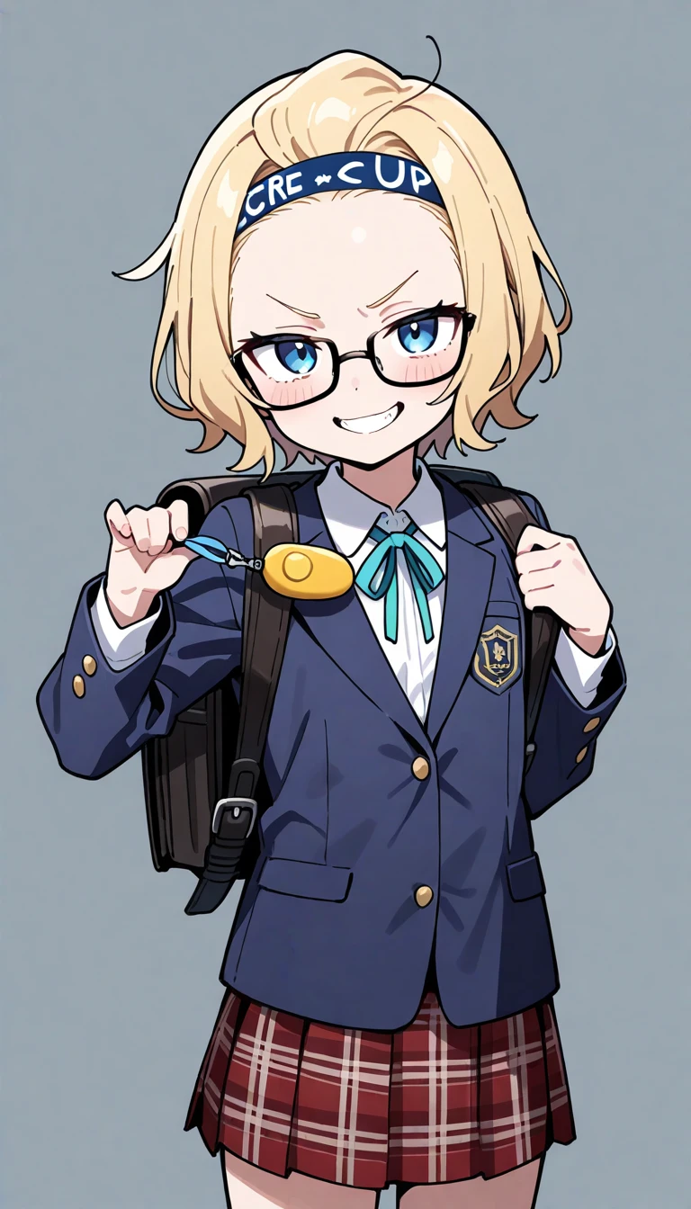 ((amazing quality)),(((very aesthetic))),ai-generated,serious,beautiful detailed eyes,(4K),((8K)),(Masterpiece: 1.1), (Best quality: 1.1), (Latest: 1.1), (Absurdity: 1.1), (High resolution: 1.1),
general,1 girl, solo,
(forehead),blonde hair,short hair,hair slicked back,(blue eyes),black nodoka glasses,bulack headband,flat chested,12yo,
Daytime, outdoors, on the school route,cowboyshot,BREAK,
((dark blue blazer, tartan check skirt)),white blouse,
evil grin,schoolchild's backpack,(((holding pull Crime Prevention Buzzer Threat))),(Cute pose),