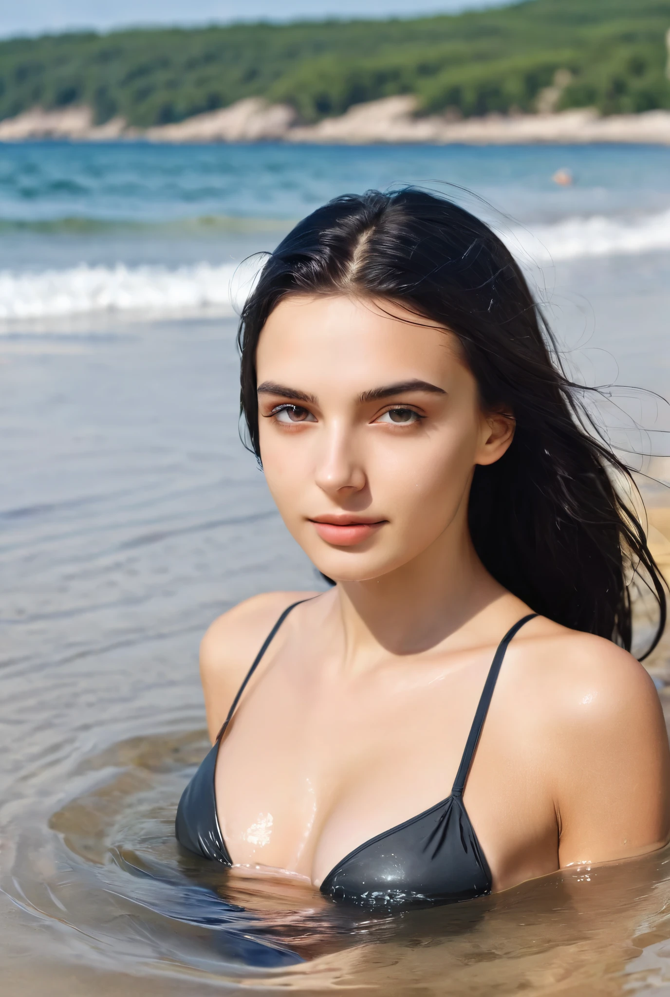 A beautiful 18-year-old Ukrainian woman with black hair and well-defined wrinkled face swimming on a beach in a bikini panoramic third person photo