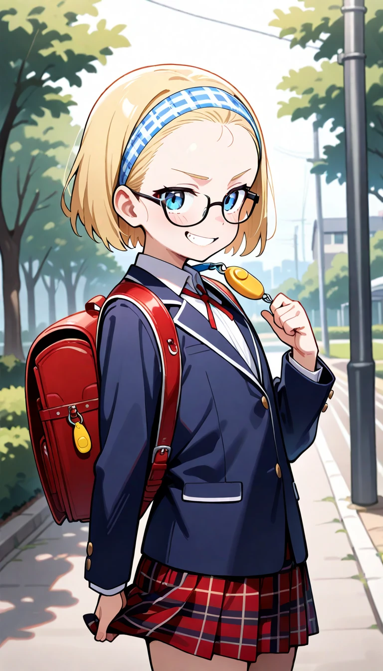 ((amazing quality)),(((very aesthetic))),ai-generated,serious,beautiful detailed eyes,(4K),((8K)),(Masterpiece: 1.1), (Best quality: 1.1), (Latest: 1.1), (Absurdity: 1.1), (High resolution: 1.1),
general,1 girl, solo,
(forehead),blonde hair,short hair,hair slicked back,(blue eyes),black nodoka glasses,bulack headband,flat chested,12yo,
Daytime, outdoors, on the school route,cowboyshot,BREAK,
((dark blue blazer, tartan check skirt)),white blouse,
evil grin,schoolchild's backpack,(((holding pull Crime Prevention Buzzer Threat))),(Cute pose),