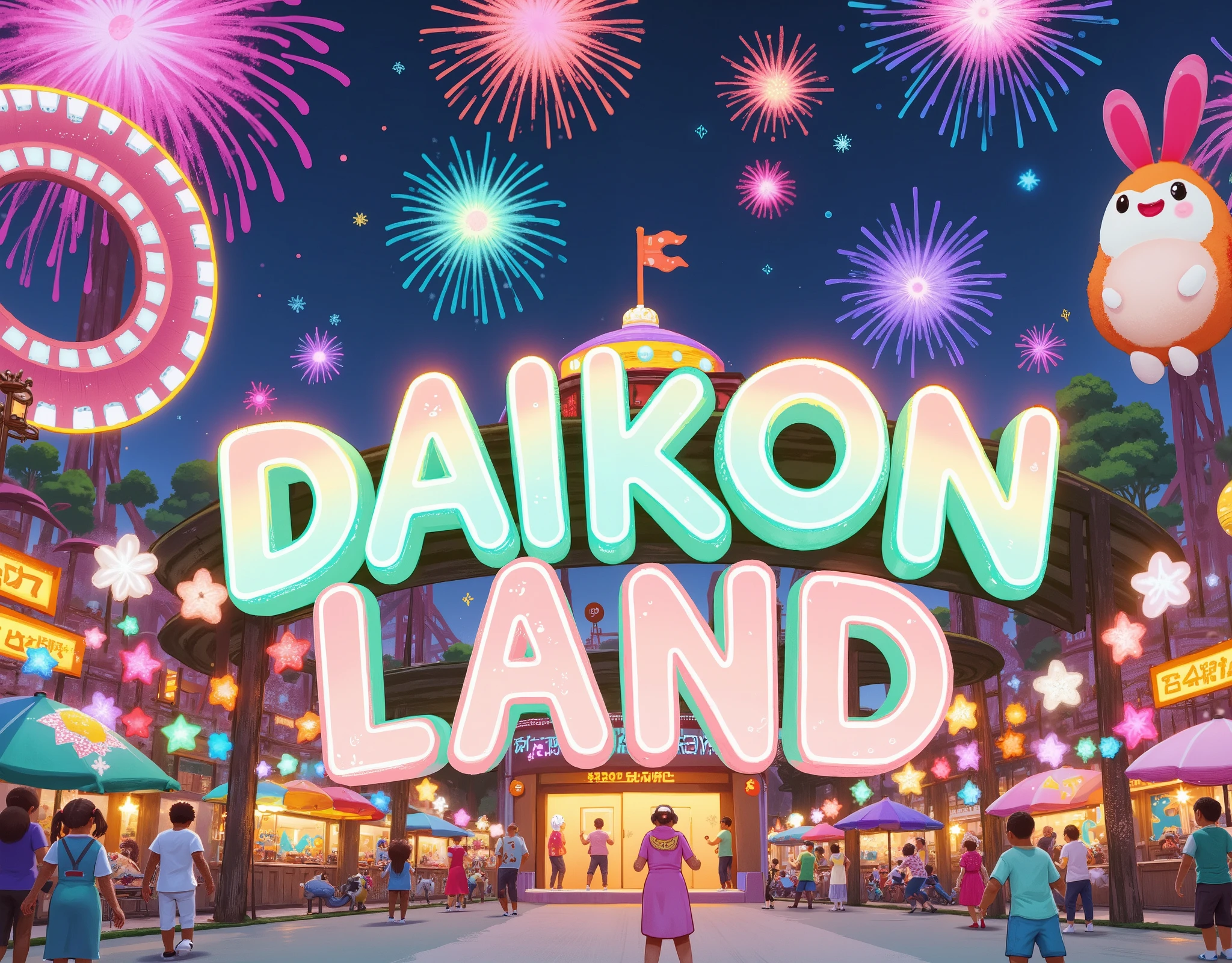(Masterpiece:1.2, EXCEPTIONAL QUALITY ,Mirror Finish , Cinematic experience , best illustration ), Ultra Fine , very detailed ,8k,16k, wallpaper,( Magical Dream World), minimalist,(Colorful Amusement Park:2.0),( isotonic 3D illustration :2.0),( draw text characters on amusement park with daikon motifs :2.0),("DAIKON LAND " and signs:2.0),( daikon mascot character ),(firework:2.0),(From below:2.0), night view