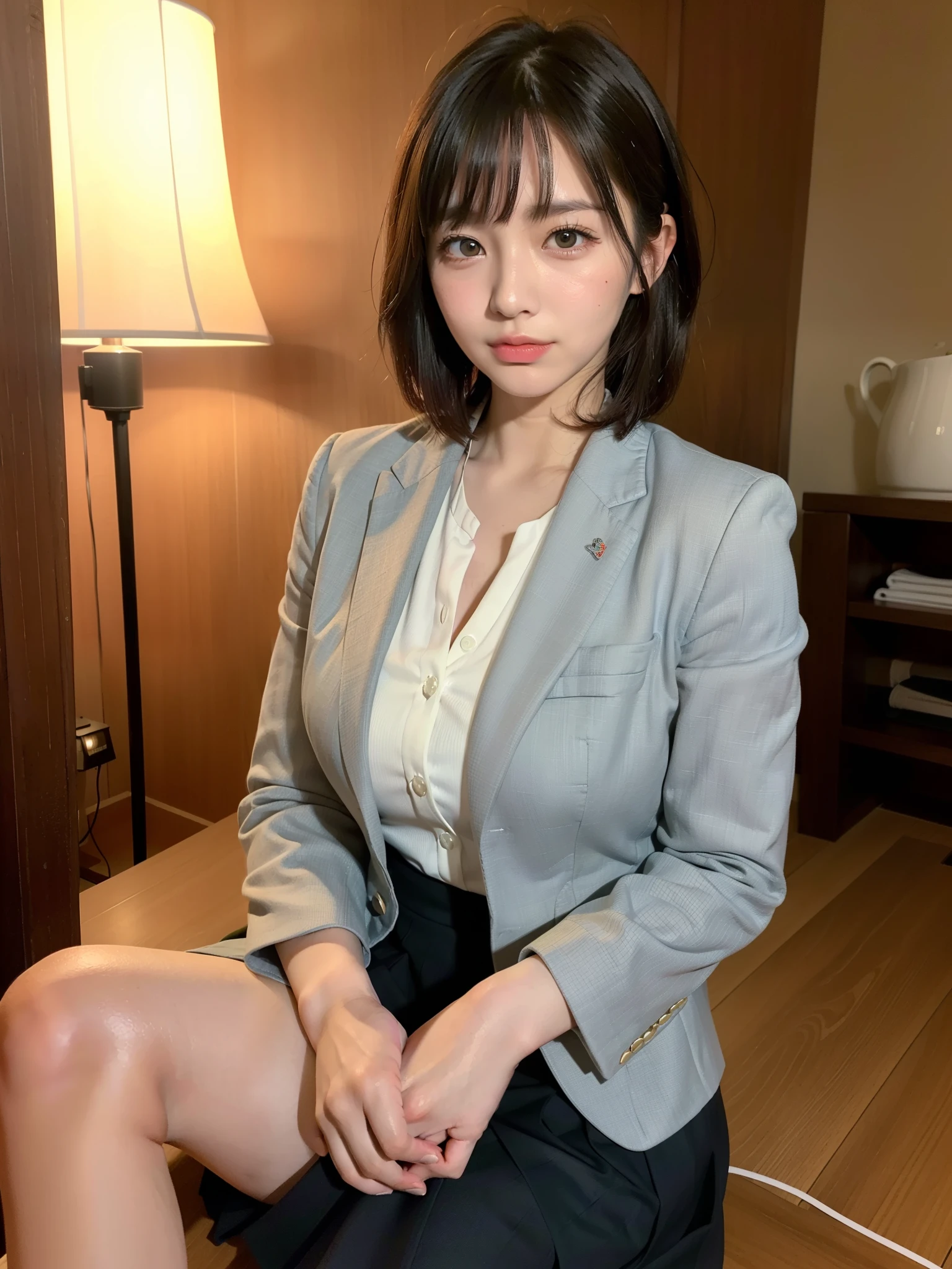 Tabletop, Highest quality, figure, Very detailed, In detail, High resolution, 8k wallpaper, Perfect dynamic composition, Beautiful attention to detail,Medium Hair, Center of chest, Natural color lip, Random sexy poses,smile,Businesswoman、suit、Business Suite、White shirt、レディースsuit、Dark Grey Blazer、Dark grey tight skirt、peace sign