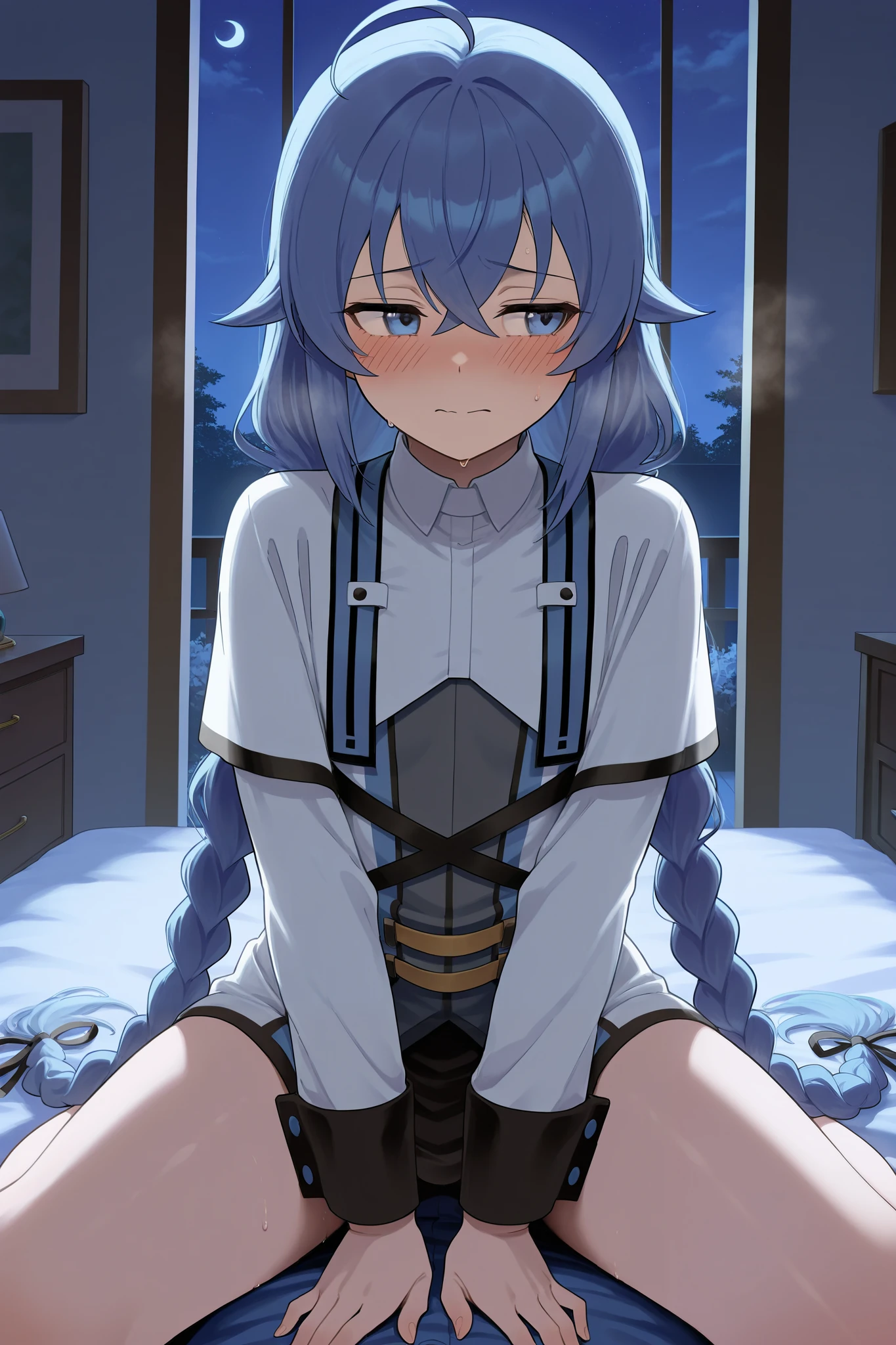 NSFW,masterpiece, best quality , high resolution, very detailed on trends, Roxy Migurdia、 Twin Blade,night,inn, bedrooms,Embarrassed,blush, Nervous , best quality の白のランジェリー