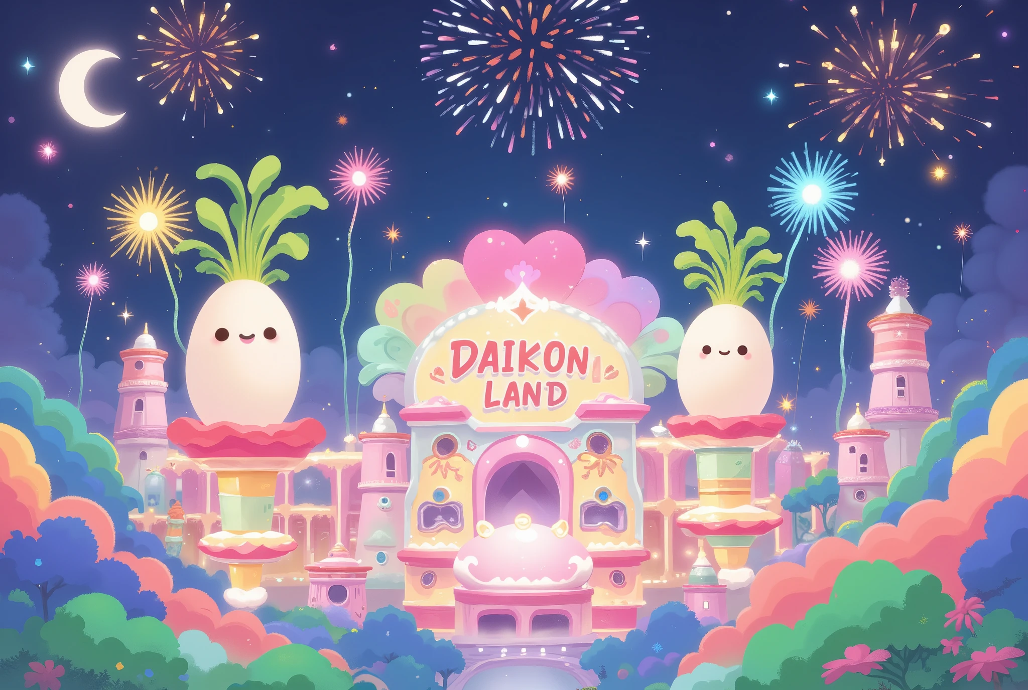 (Masterpiece:1.2, EXCEPTIONAL QUALITY ,Mirror Finish , Cinematic experience , best illustration ), Ultra Fine , very detailed ,8k,16k, wallpaper,( Magical Dream World), minimalist,(Colorful Amusement Park:2.0),( isotonic 3D illustration :2.0),( draw text characters on amusement park with daikon motifs :2.0),("DAIKON LAND " and signs:2.0),( daikon mascot character ),(firework:2.0),(From below:2.0), night view
