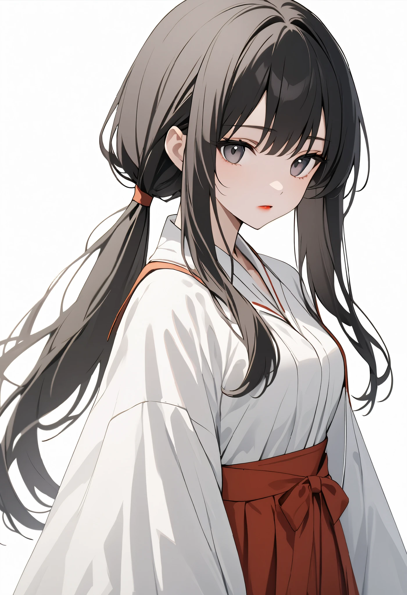 {{masterpiece、 Attention to Details, perfect eyes}}、((White background,from front,  cowboy shot)) 1 woman、20 years old、Black straight hair、low ponytail、( Witch Uniform、 white kimono、Red Hakama、 medium breasts to be collared） expressionless、 dark eyes、cold eyes、Red lipstick