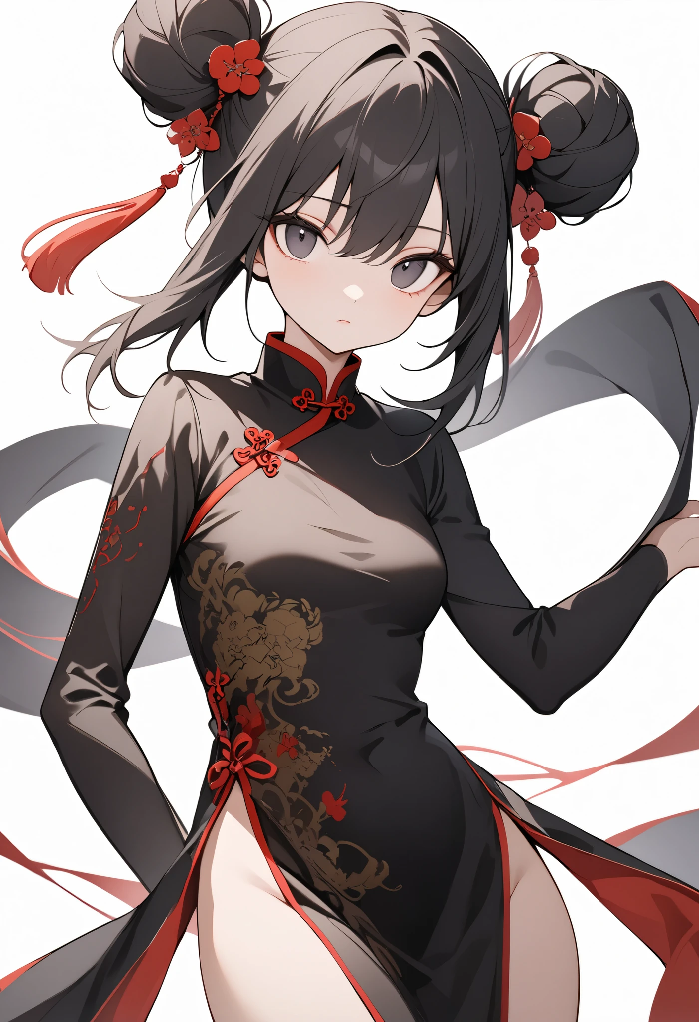 {{masterpiece、 Attention to Details, perfect eyes}}、((White background,from front, cowboy shot、 Eye Level Shots )) 1 woman、Chinese style、black chinese style clothes、 expressionless、 long, slender eyes、Black Hair、small double buns、 dark eyes、Red lipstick