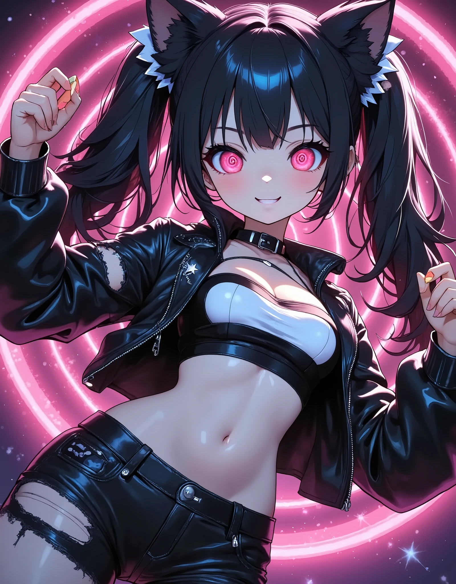 pcat ,  1 girl , Neon Girl , ( bewitching and cute ,  black hair,  long hair,  twin tail hair in a high position,  clear beautiful skin ,  red eyes tinged with light , Star Pupil,  big eyes,  little chest,  black leather jacket , Leather pants,  tight tube top ,  damage-treated clothing , Fluffy cat ears,  dynamic pose ,  anime style,  fine CG illustration art ,  HD,  High Quality , 8k, Aesthetics at its best, masterpiece,