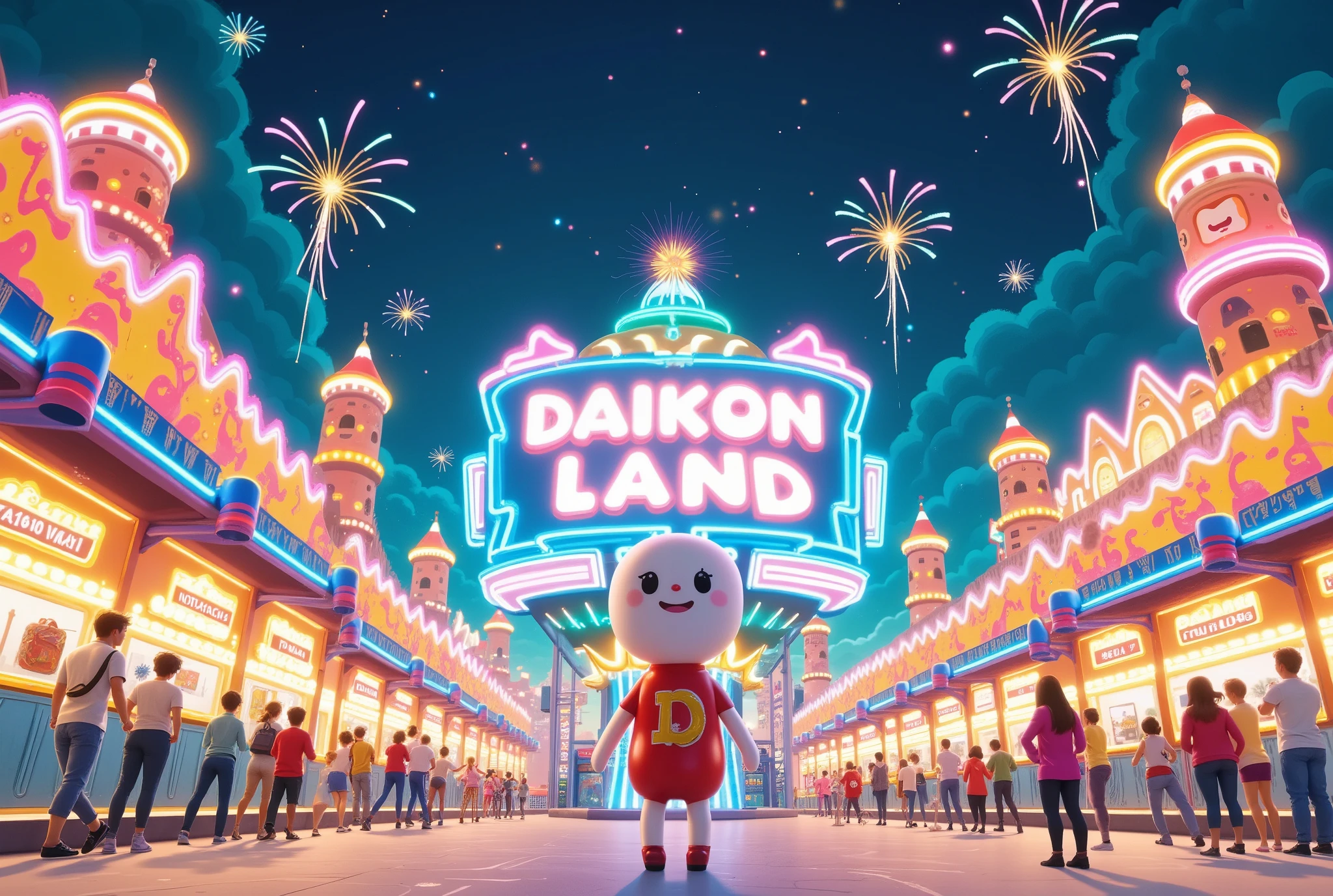(Masterpiece:1.2, EXCEPTIONAL QUALITY  ,Mirror Finish  , Cinematic experience  ,  best illustration ),  Ultra Fine ,  very detailed ,8k,16k, wallpaper,( Magical Dream World), minimalist,(Colorful Amusement Park:2.0),( isotonic 3D illustration :2.0),( draw text characters on amusement park with daikon motifs :2.0),("DAIKON LAND " and signs:2.0),( daikon mascot character ),(firework:2.0),(From below:2.0), night view
