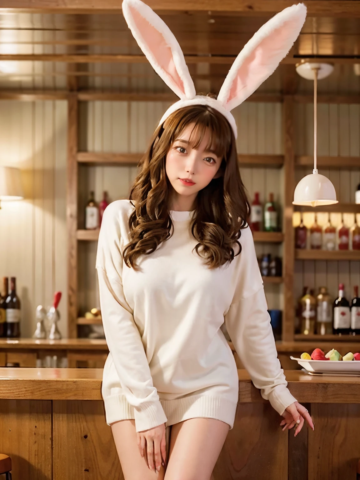 woman, (Oversized_  sweater  , bunny_ear_ has :1.3),red bunny_ear,
Good move,4K,  high resolution, Masterpiece,  best quality , head:1.3,(( Hasselblad photo )), Fine Skin ,  sharp concentration, ( Cinematic Lighting),  soft writing on the back leg,  dynamic angle, [:( detailed face:1.2):0.2],  Medium Boobs ,(((in a bar))),