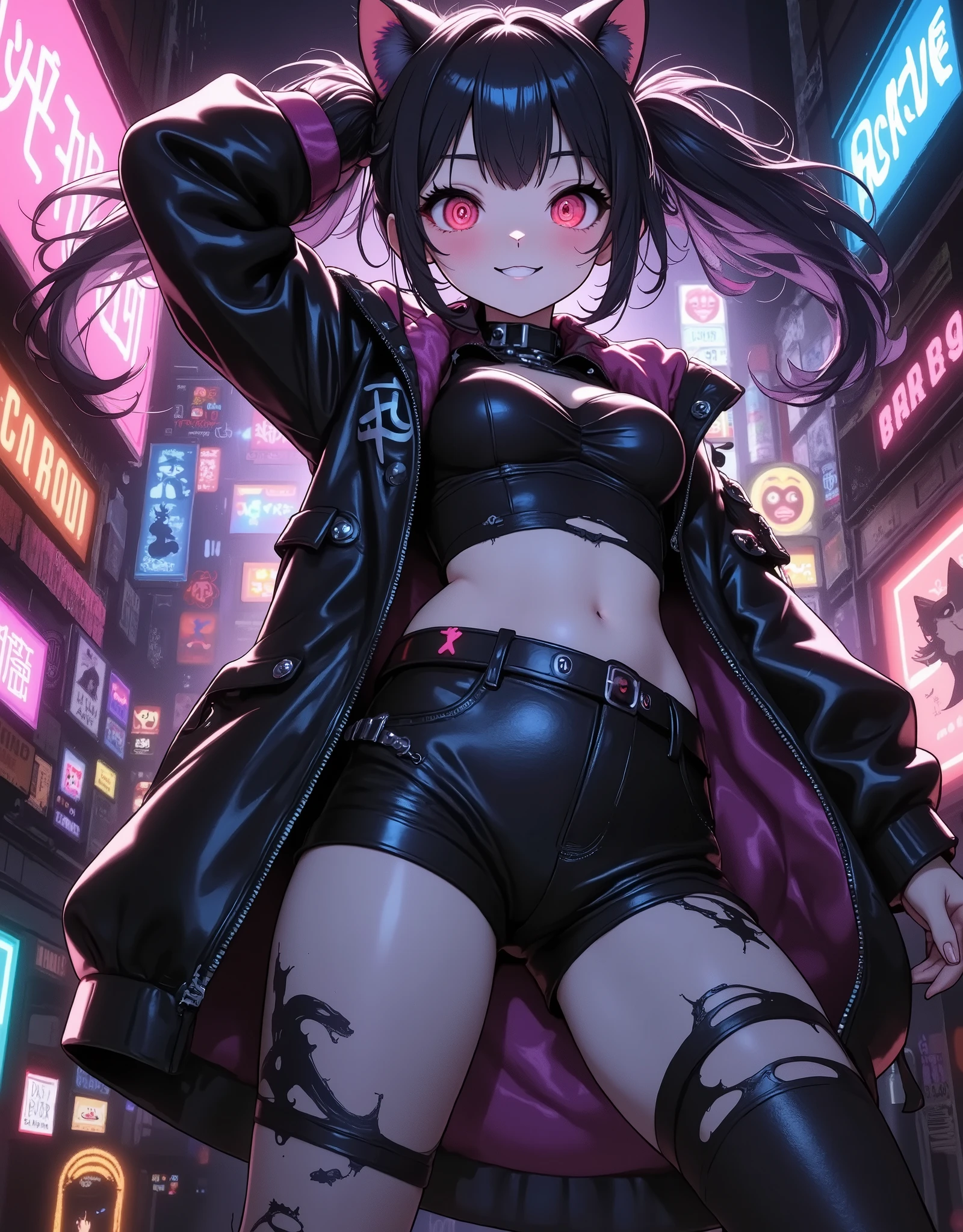 pcat , 1 girl , Neon Girl , ( bewitching and cute , black hair, long hair, twin tail hair in a high position, clear beautiful skin , red eyes tinged with light , Star Pupil, big eyes, little chest, black leather jacket , Leather pants, tight tube top , damage-treated clothing , Fluffy cat ears, dynamic pose , anime style, fine CG illustration art , HD, High Quality , 8k, Aesthetics at its best, masterpiece,