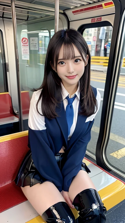 Center View、An Asian woman in a short skirt and bow tie is sitting on a train、Cute school girl、Japanese girls uniform、Wear Japan 、Japanese 、Surreal 、Dressed as a high school girl、Surreal 、Wear a uniform、Realistic school girl、Girl in uniform、Wear a uniform、 Pause、Whole Body Ezbian、Nice skin、Glowing Skin、Nice thighs、Shining thighs、Shining Regaleg , Japanese High School 、Nogizaka Idol、Korean Idol、Thigh Center、Sitting Alone
