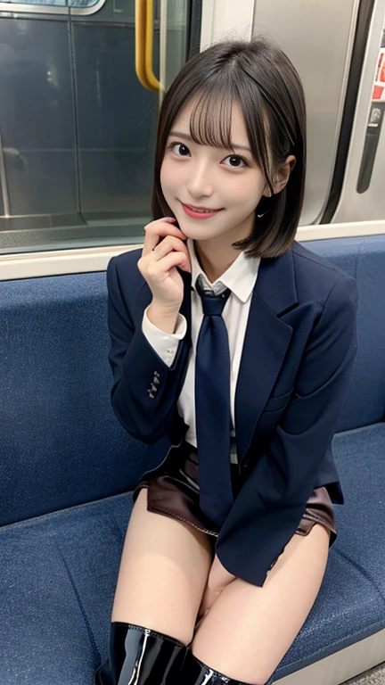 (8k), (highest quality: 1.2), (Realistic), (Realistic: 1.37), Ultra-high resolution, 1 girl, cute, Embarrassed smile, Blushing,Mouth closed, Peach-colored lip,Beautiful details, Beautiful Nose, Beautiful black hair, bangs,Bob Hair,Giant Dulcefo, pork, Thighs,Self Snap,University uniform,Sitting on a train in Tokyo,simple blazer,Pleated skirt,(The pattern of the skirt and tie is a tartan check pattern....:1.3),Crossing your legs, From above,(Thighsにクローズアップ),(光沢のあるThighs),(Opaque blue knee-high socks:1.2),Put your face forward,Gal