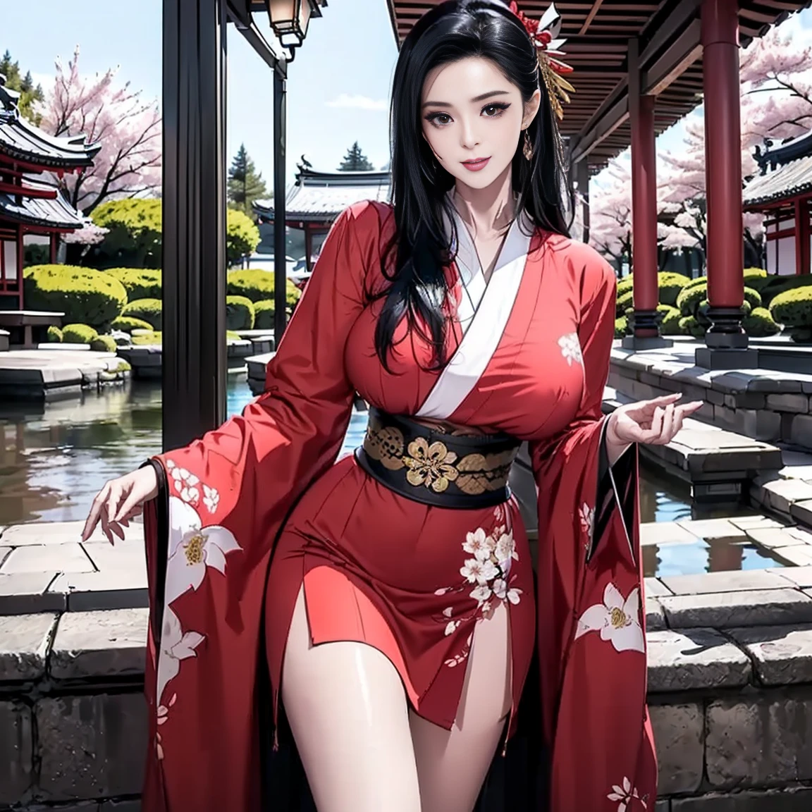 (masterpiece), best quality, expressive eyes, perfect face, (japan background), (1girl, Asian, geisha, fair skin, black hair, geisha bun hairstyle, brown eyes, asian eyes, hourglass figure, skinny body, large breasts, long fingernails, sexy red kimono, cleavage exposed, heels),