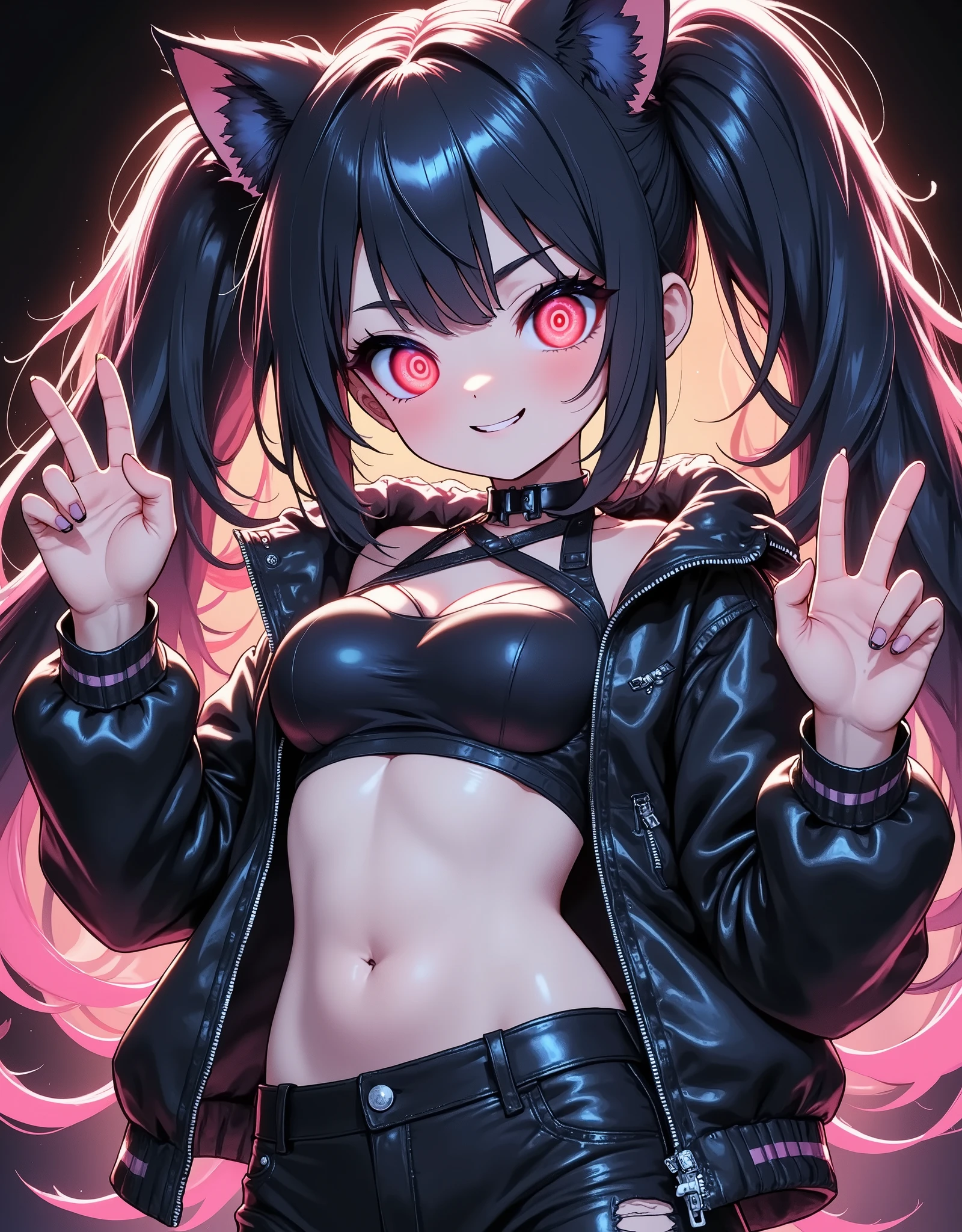 pcat , 1 girl , Neon Girl , ( bewitching and cute , black hair, long hair, twin tail hair in a high position, clear beautiful skin , red eyes tinged with light , Star Pupil, big eyes, little chest, black leather jacket , Leather pants, tight tube top , damage-treated clothing , Fluffy cat ears, dynamic pose , Crouch down, stares at viewers, v-hand sign, anime style, fine CG illustration art , HD, High Quality , 8k, Aesthetics at its best, masterpiece,