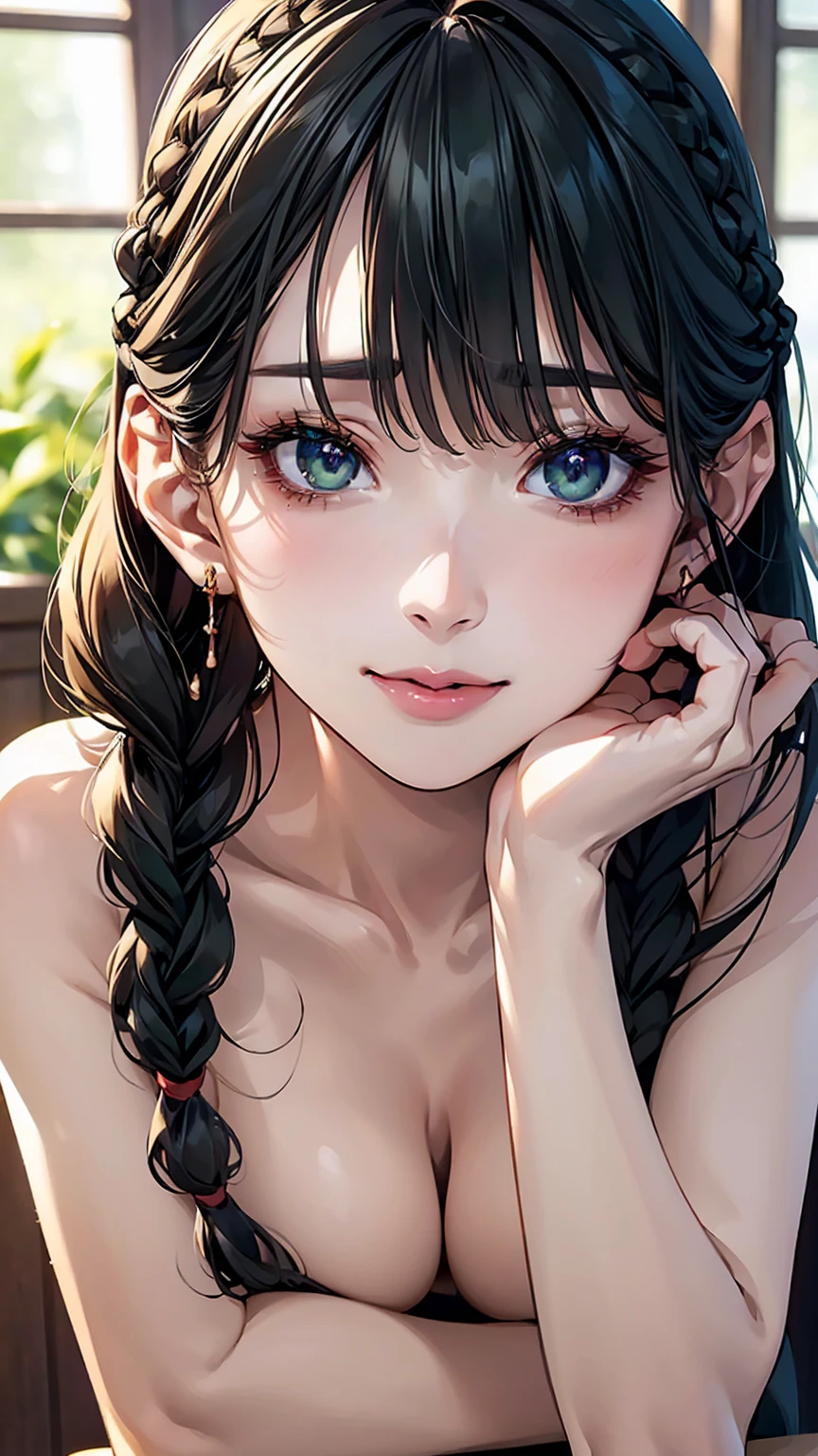 (Browsing Caution:1.2), (8k, RAW Photos, Best image quality, masterpiece: 1.4), (Highly detailed CG Unity 8k wallpaper, Highest quality, High resolution: 1.2), (Ultra_Familiar, 超High resolution: 1.2), super highly Familiar, (Realistic, Realistic: 1.48), 1 person, Focus Only,(Braiding:1.5), Side Lock, bangs, ((Dark green eyes:1.4, Round eyes, Beautiful eyelashes)), Clear Eyes,Large Breasts,Shiny Hair, beautiful Familiar cold face,Captivating smile, Beautiful and delicate eyes with exquisite detail,Extremely accurate details,Skin dents,Outdoor,Perfect Face,Perfect body, Beautiful Eyes, Beautiful Face,(Portraiture:1.5),Beautiful clavicle,Upward glance,Very cute woman,(Black one piece swimsuit:1.2),Brown Hair,Cowboy Shot,Browsing Caution,Large Breasts,Wide Hips,Tight waist,Pool,