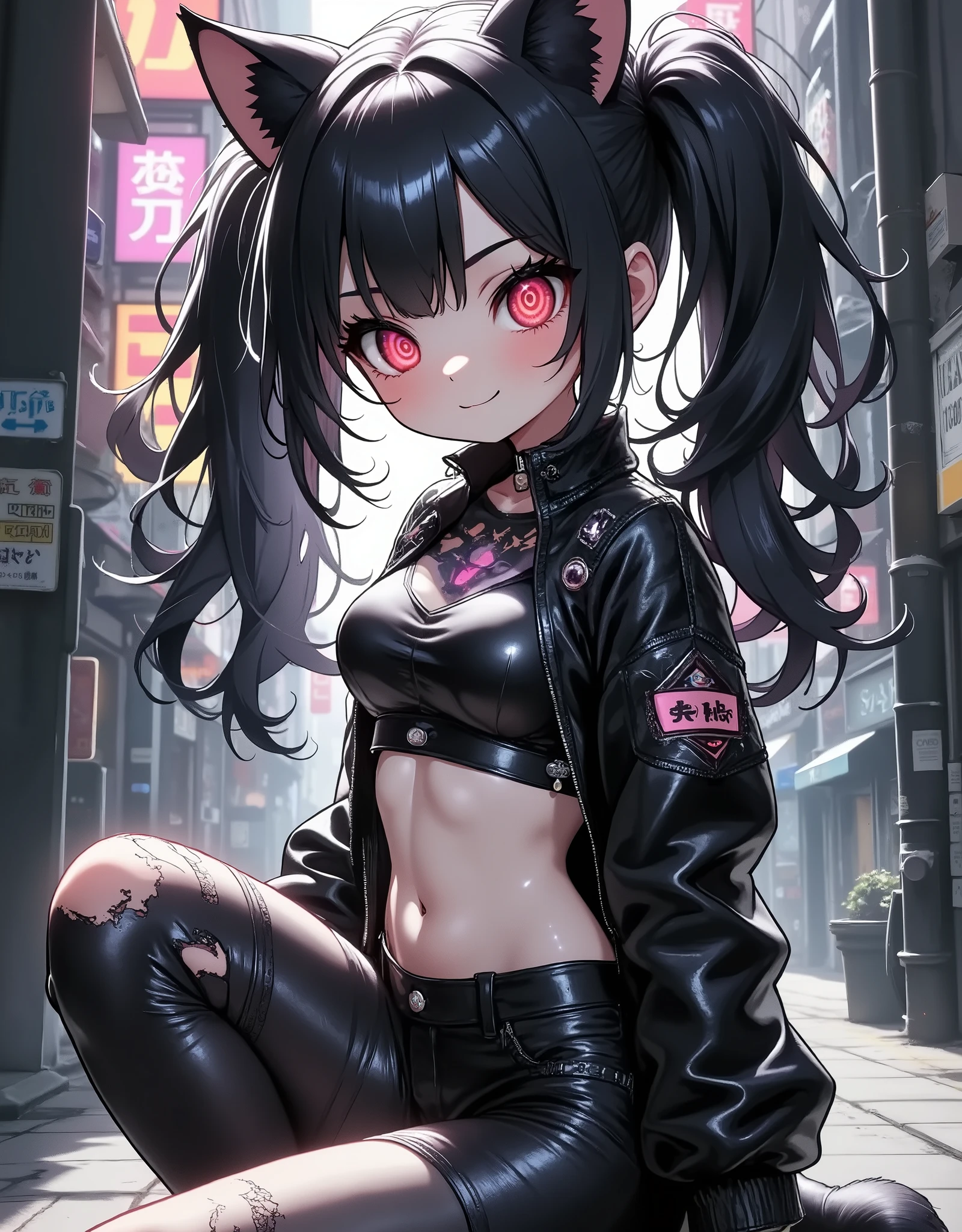pcat , 1 girl , Neon Girl , ( bewitching and cute , black hair, long hair, twin tail hair in a high position, clear beautiful skin , red eyes tinged with light , Star Pupil, big eyes, little chest, black leather jacket , Leather pants, tight tube top , damage-treated clothing , Fluffy cat ears, dynamic pose , kneeling, stares at viewers, Sit down:1.6, anime style, fine CG illustration art , HD, High Quality , 8k, Aesthetics at its best, masterpiece,