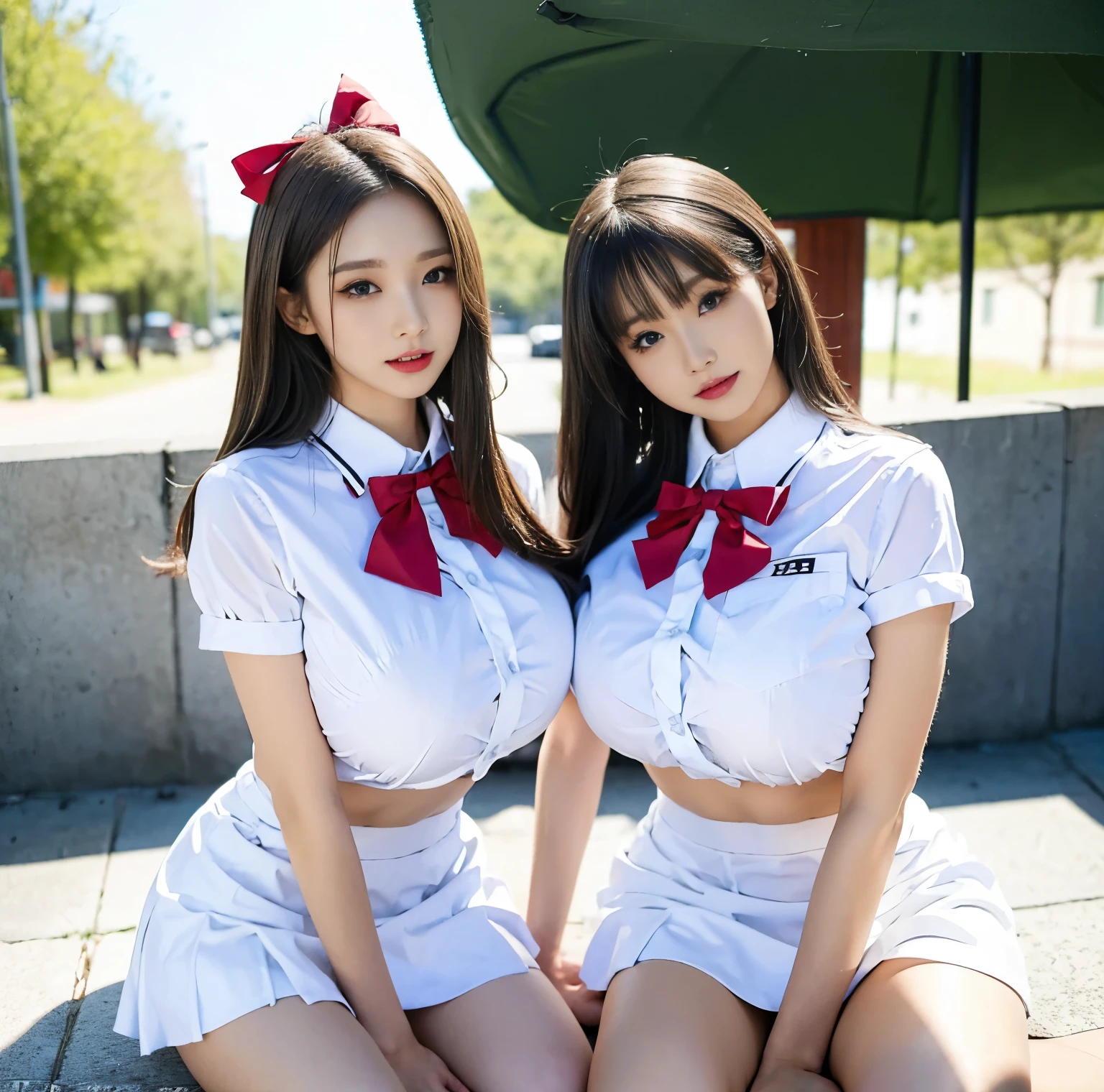 8K quality, professional photography, two beautiful girls, Above the knee, ( The two are completely wearing a high school girl's tight, wrinkle-free white uniform:1.2), (The two face the camera straight in front of each other and show off their red ribbon ties on their chest). Brilliant blue eyes , Beautiful hair , (Big Breasts with High Chest Position :1.2), (White panties on the back of the skirt :1.3),