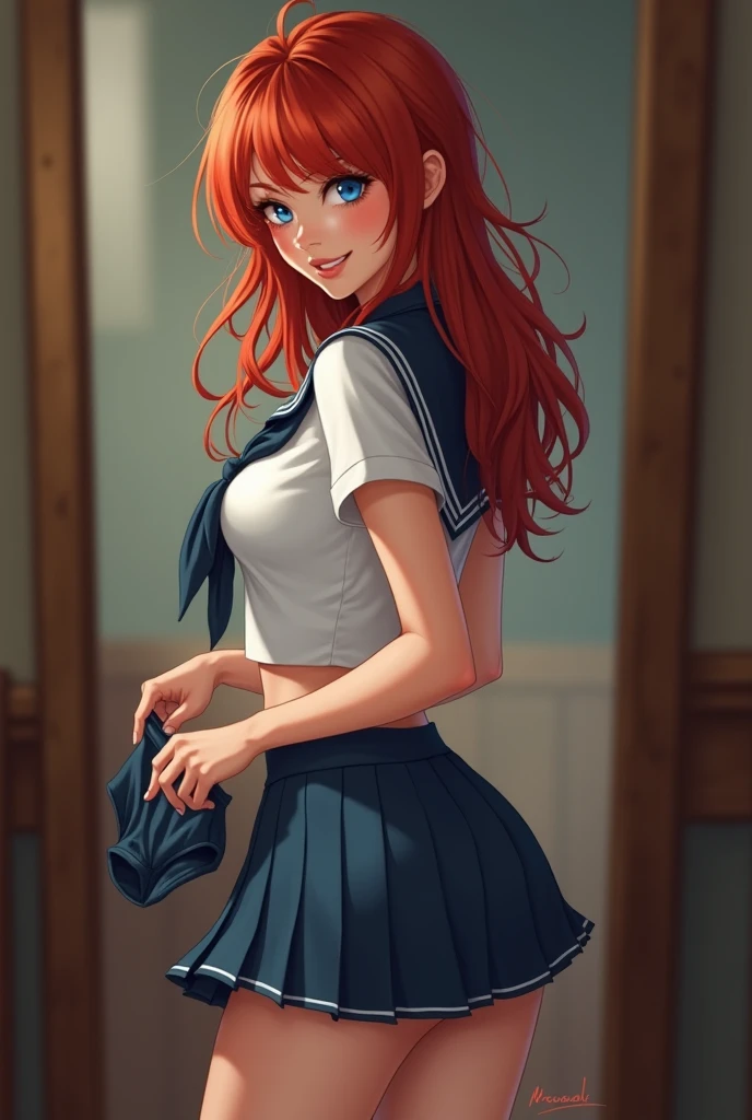 highest quality,1girl,full body,((gloomy:1.3)),Nakano Miku,Miku Nakano,nm1, long sleeves, blue cardigan, green skirt, pantyhose,mini skirt,lift skirt,((panties under pantyhose:1.3)),Looking back at the classroom,turn around,Pose that emphasizes the buttocks