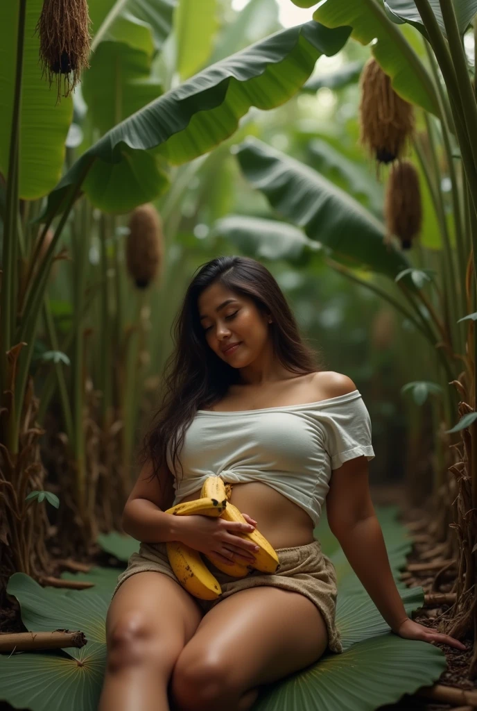 an Indonesian woman,full and plump body,short t-shirt short skirt,woman lying in a banana plantation,expression of exhaustion after climax,satisfied smile,woman holding a cucumber that exudes milk from inside,milk fountain from cucumber