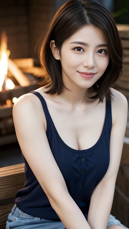 highest quality, masterpiece, Ultra-high resolution, (Reality: 1.4), Original photo, One girl, mature, happy smile, short hair, plump body, , Cinema Lighting, from below