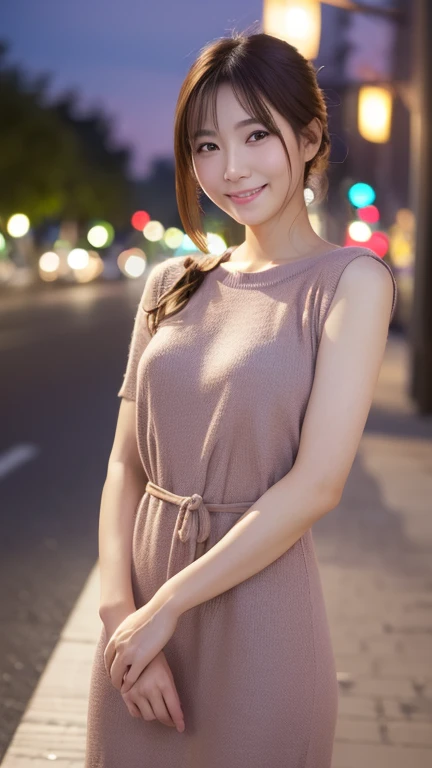 a gorgeous lady, age 21, in a Bow Front Flounce Sleeve 2-in-1 Dress, standing under night sky, dimpled smile, short ponytail, ample round bossom, natural pose, photorealistic, beautiful detailed eyes, hyper-realism, high contrast, ultra HD, realistic skin textures, top image quality, top-quality, super high resolution, fine details, very meticulously, bokeh background