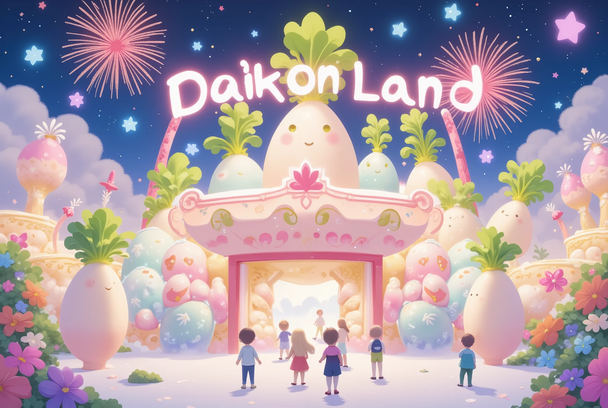 (Masterpiece:1.2, EXCEPTIONAL QUALITY ,Mirror Finish , Cinematic experience , best illustration ), Ultra Fine , very detailed ,8k,16k, wallpaper,( Magical Dream World), minimalist,(Colorful Amusement Park:2.0),( isotonic 3D illustration :2.0),( draw text characters on amusement park with daikon motifs :2.0),("DAIKON LAND " and signs:2.0),( daikon mascot character ),(firework:2.0),(From below:2.0), night view