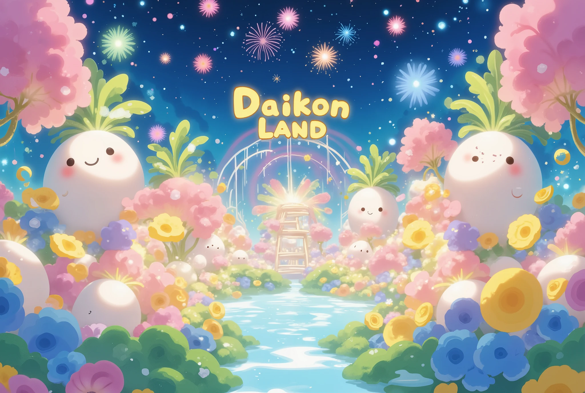 (Masterpiece:1.2, EXCEPTIONAL QUALITY ,Mirror Finish , Cinematic experience , best illustration ), Ultra Fine , very detailed ,8k,16k, wallpaper,( Magical Dream World), minimalist,(Colorful Amusement Park:2.0),( isotonic 3D illustration :2.0),( draw text characters on amusement park with daikon motifs :2.0),("DAIKON LAND " and signs:2.0),( daikon mascot character ),(firework:2.0),(From below:2.0), night view