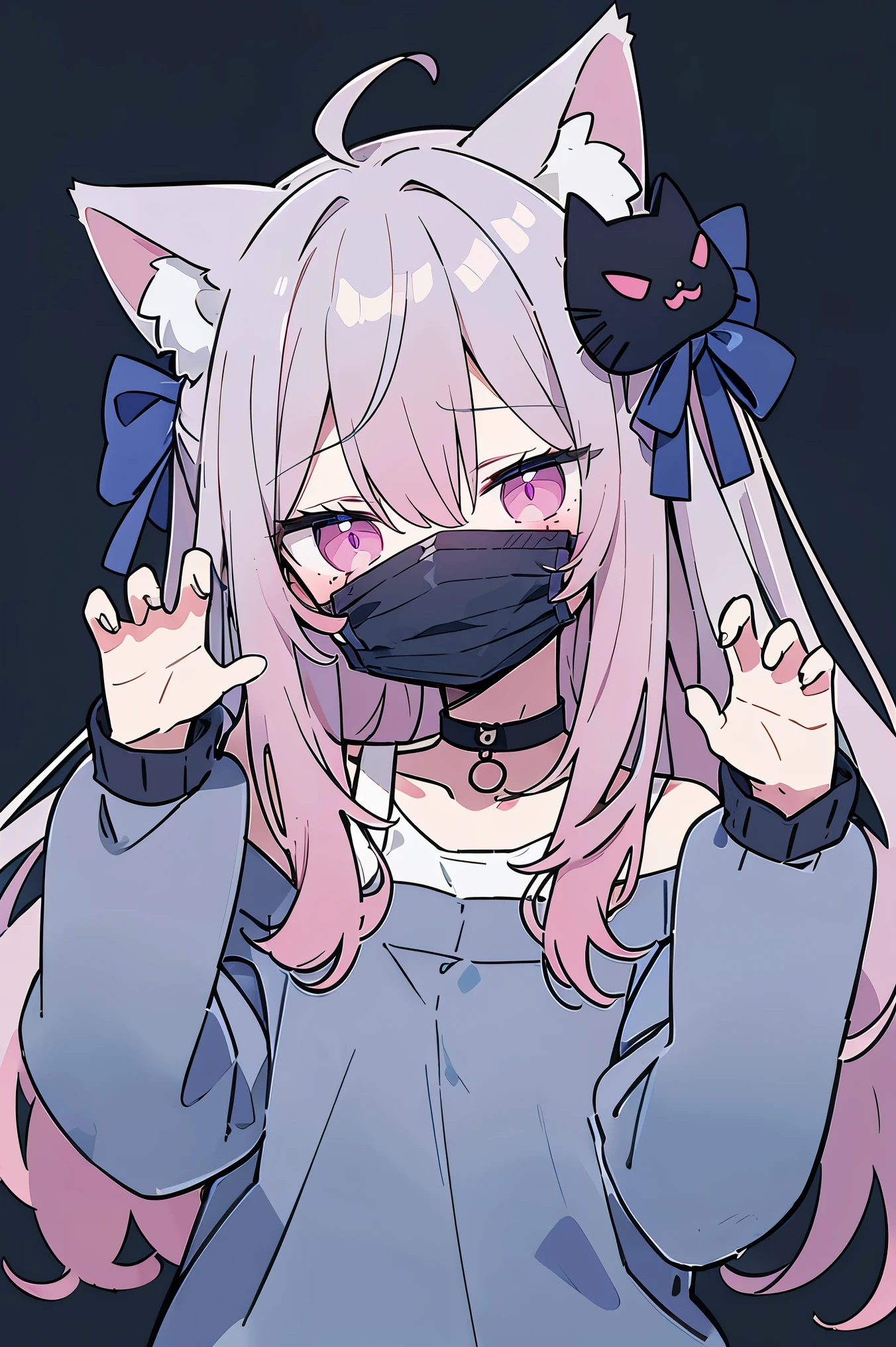  gray hair, dark blue mask to hide nose and mouth,  pink eye,  portrait, 1 person,  high resolution,Cat ears,  cat pose