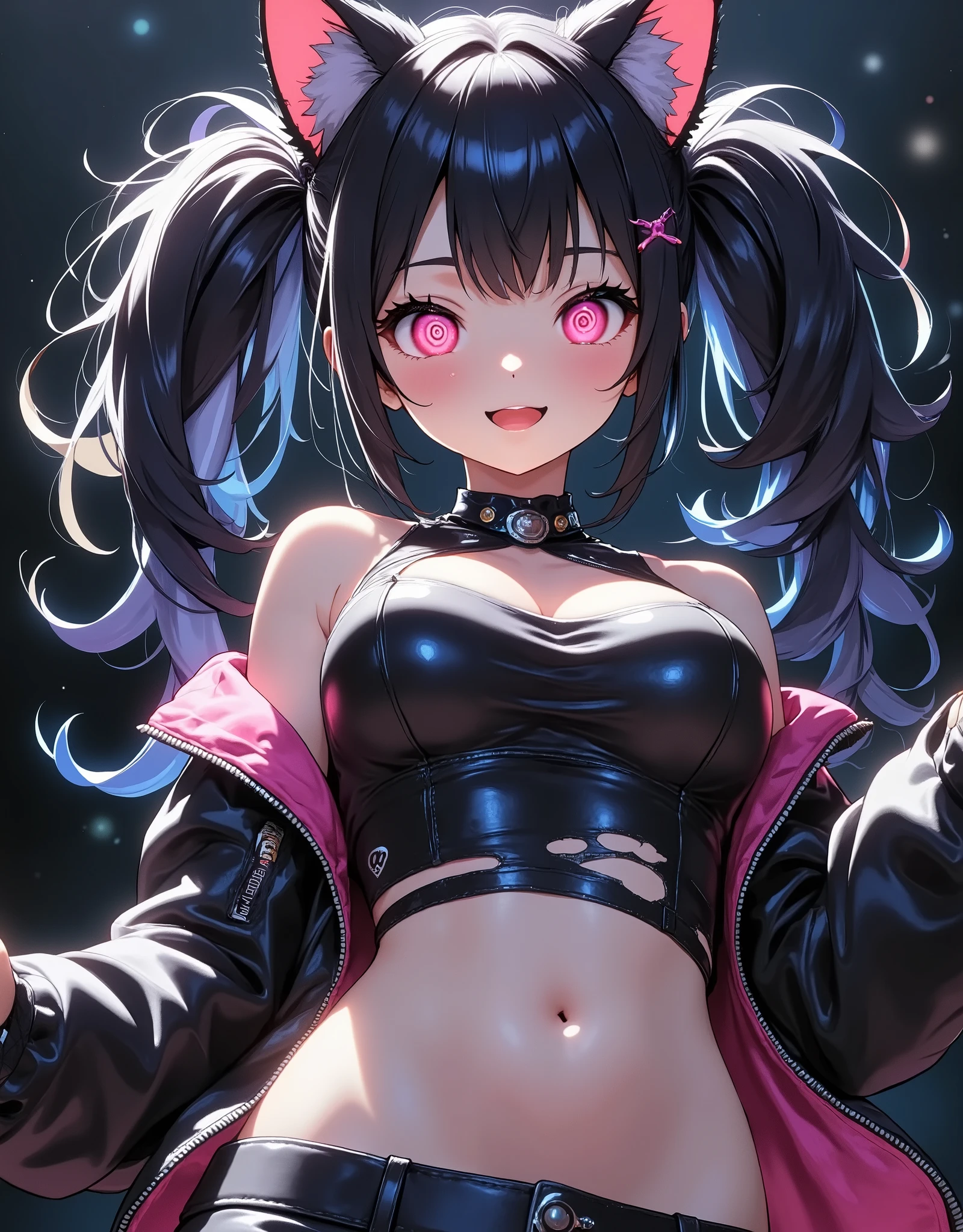 pcat ,  1 girl , Neon Girl ,  and open your mouth wide, shout, ( bewitching and cute ,  black hair,  long hair,  twin tail hair in a high position,  clear beautiful skin ,  red eyes tinged with light , Star Pupil,  big eyes,  little chest), Beautiful fingertips,  black leather jacket , Leather pants,  tight tube top ,  damage-treated clothing , Fluffy cat ears,  dynamic pose ,  Dutch angle,  kneeling,  stares at viewers, Sit down:1.6,  anime style,  fine CG illustration art ,  HD,  High Quality , 8k, Aesthetics at its best, masterpiece,