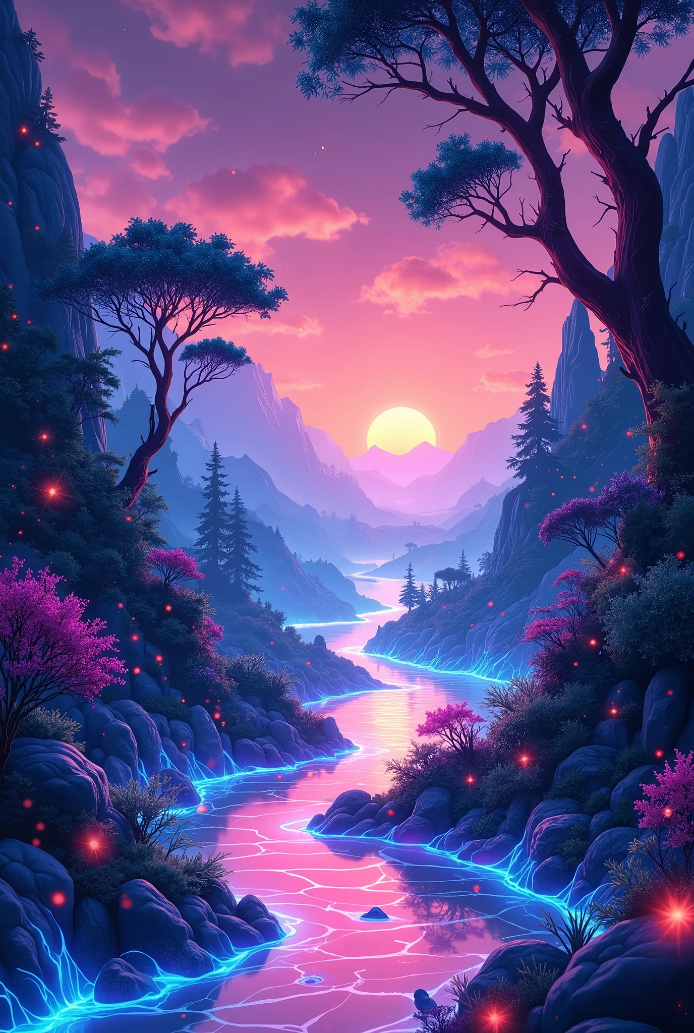 glow line art, translucent land, written by the colorful glow line, sharp shining, variable color, like a magic effect, extremely high-detailed, ultra fine detailed, structured by the clear neon multicolor, blur, amazing landscape, shining view,