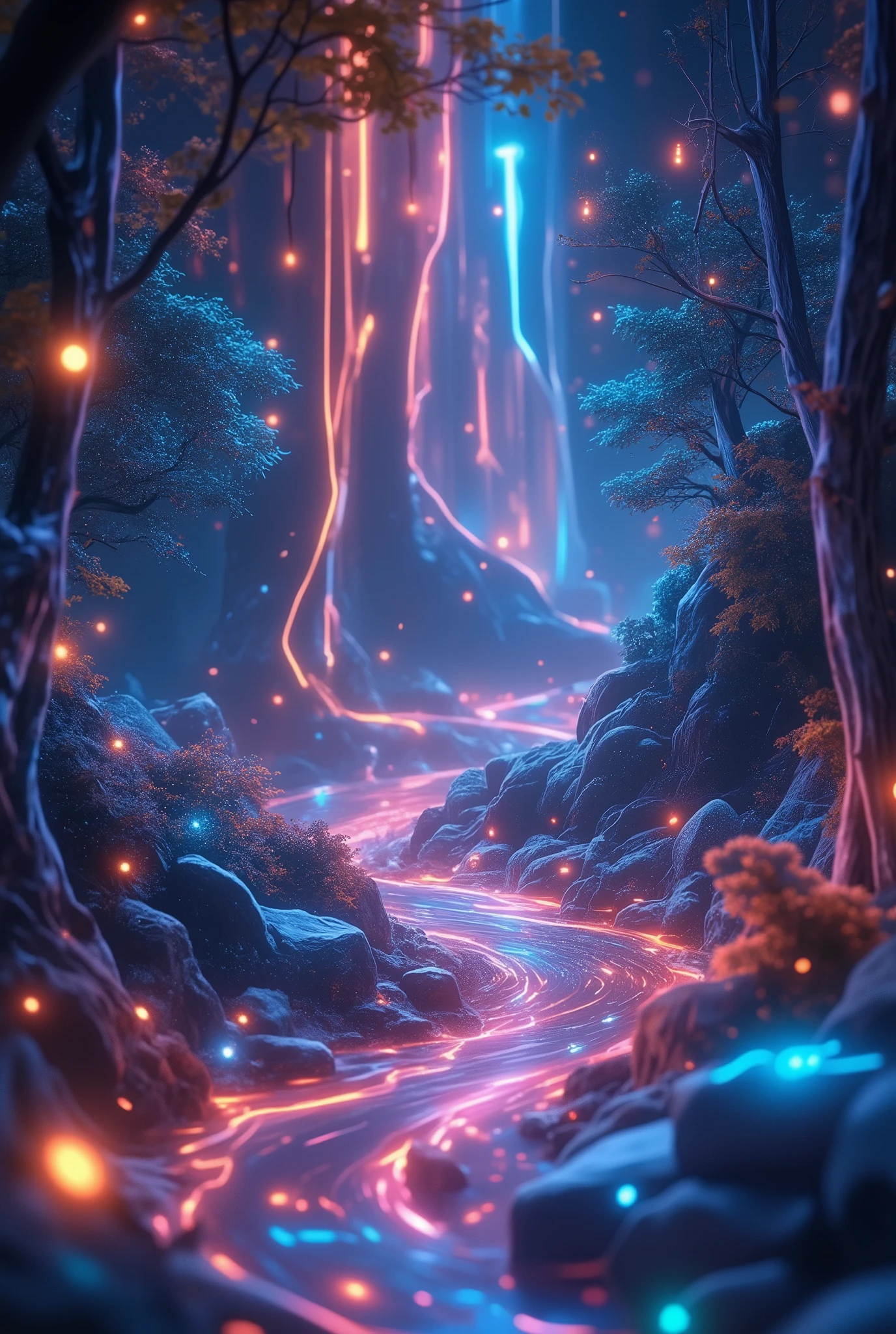 glow line art, translucent land, written by the colorful glow line, sharp shining, variable color, like a magic effect, extremely high-detailed, ultra fine detailed, structured by the clear neon multicolor, blur, amazing landscape, shining view,