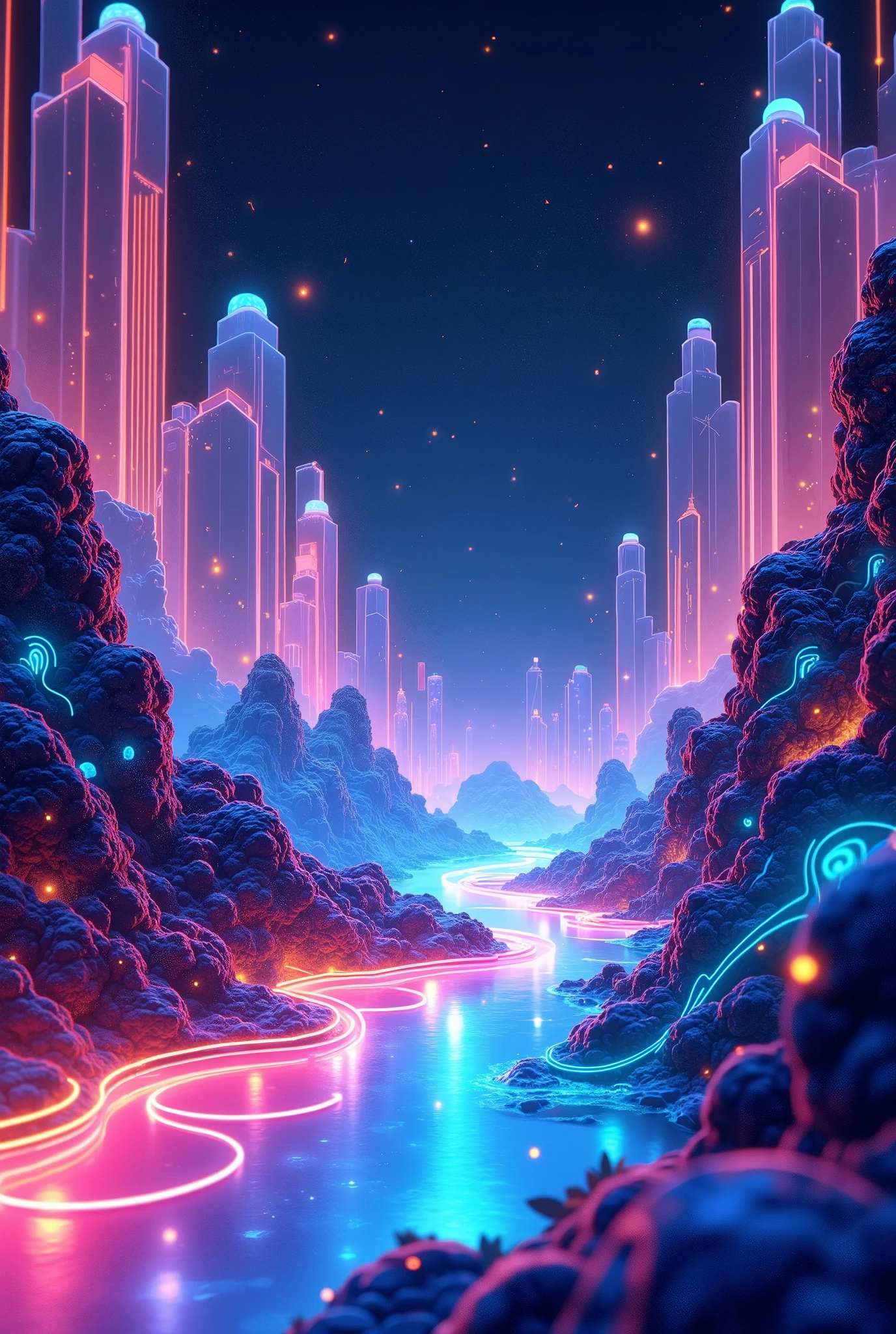 glow line art, translucent land, written by the colorful glow line, sharp shining, variable color, like a magic effect, extremely high-detailed, ultra fine detailed, structured by the clear neon multicolor, blur, amazing landscape, shining view,