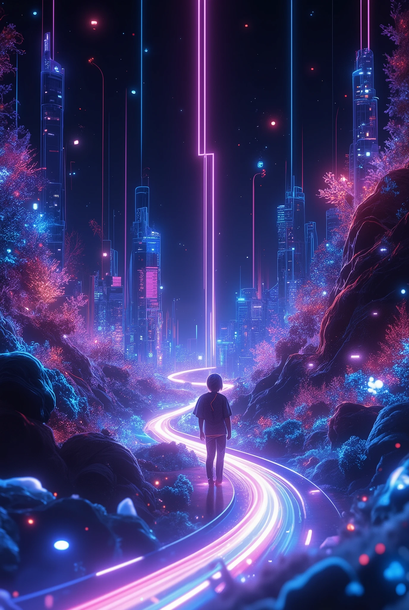glow line art, translucent land, written by the colorful glow line, sharp shining, variable color, like a magic effect, extremely high-detailed, ultra fine detailed, structured by the clear neon multicolor, blur, amazing landscape, shining view,