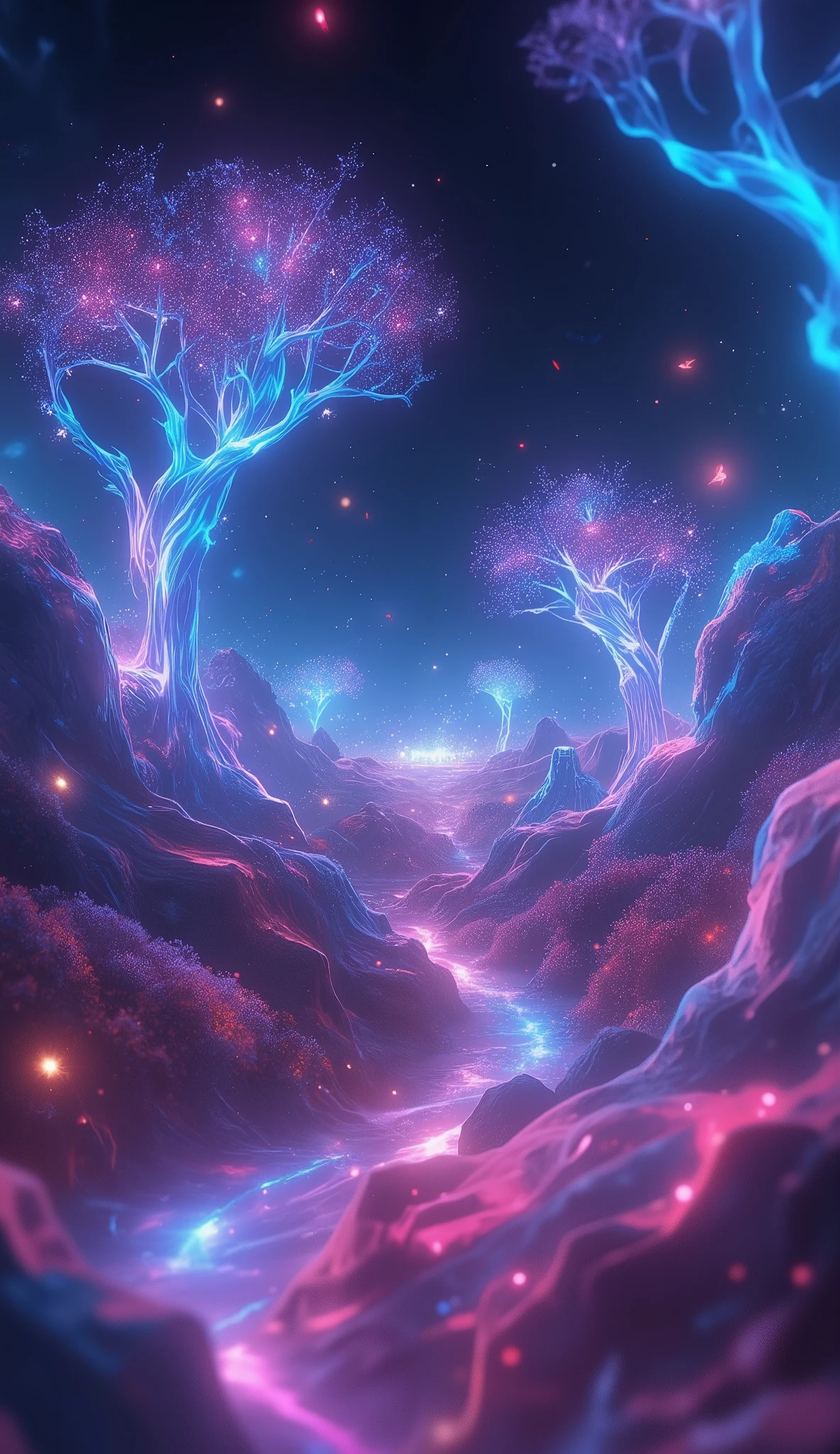 glow line art, translucent land, written by the colorful glow line, sharp shining, variable color, like a magic effect, extremely high-detailed, ultra fine detailed, structured by the clear neon multicolor, blur, amazing landscape, shining view,